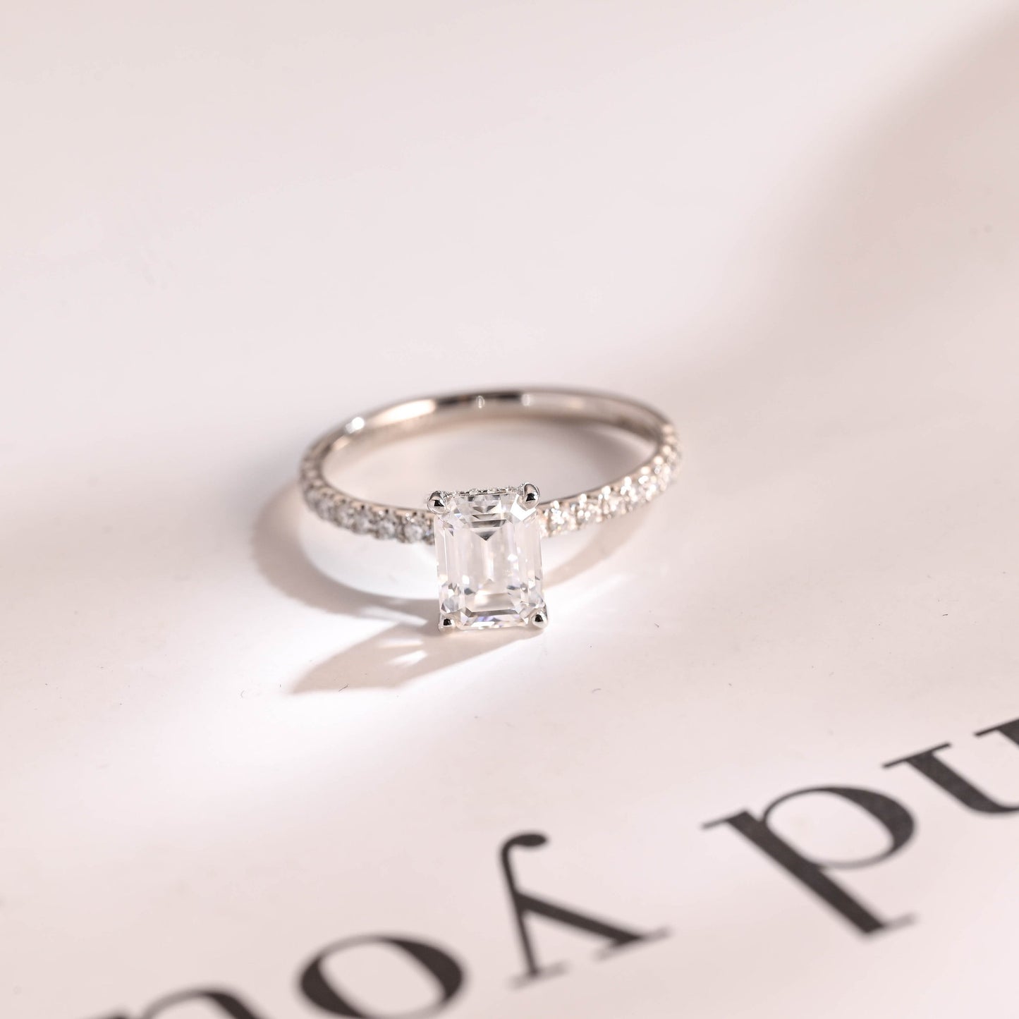 1.5 CT Emerald Cut Hidden Halo Moissanite Engagement Ring