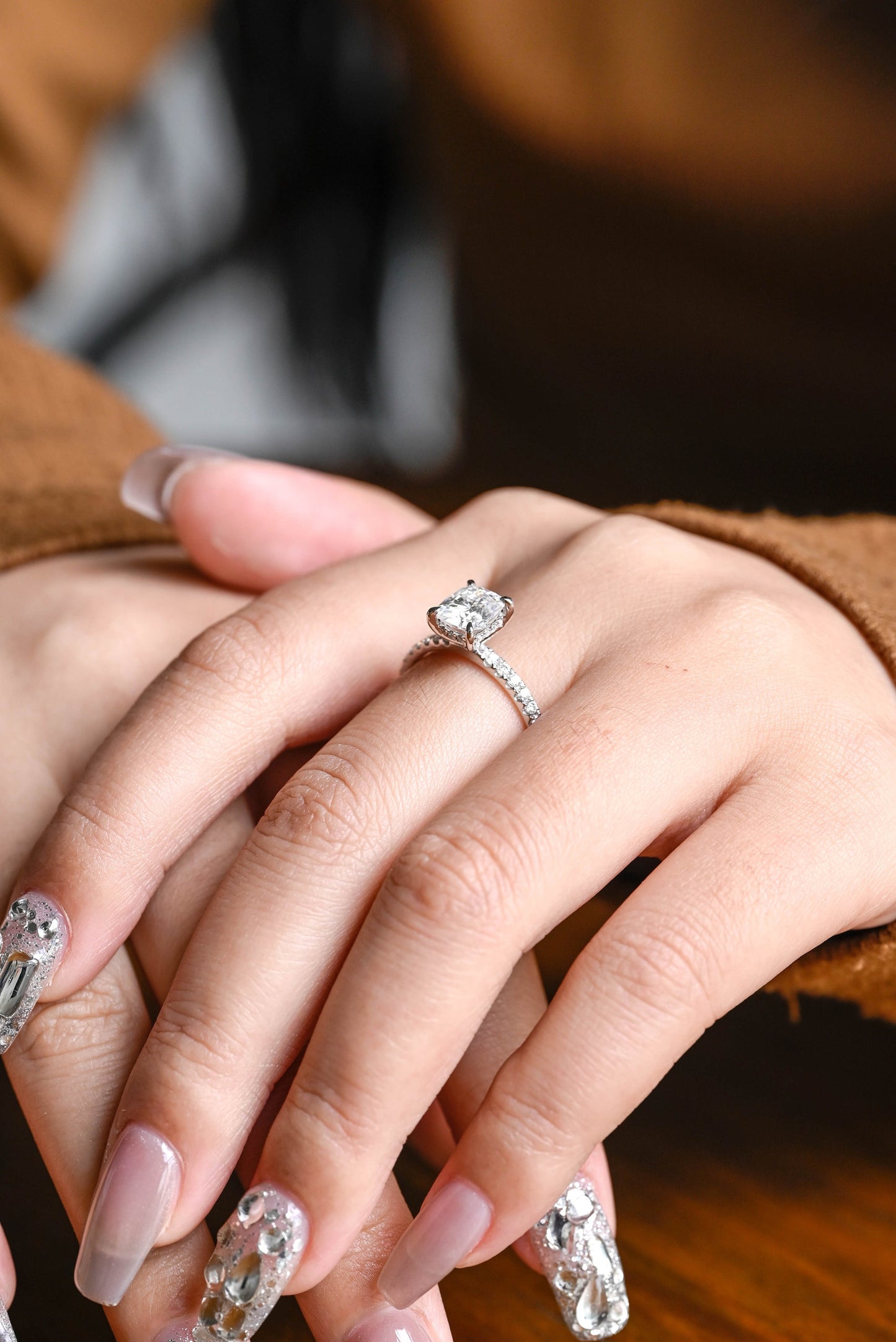1.22 CT Cushion Cut Hidden Halo Moissanite Engagement Ring