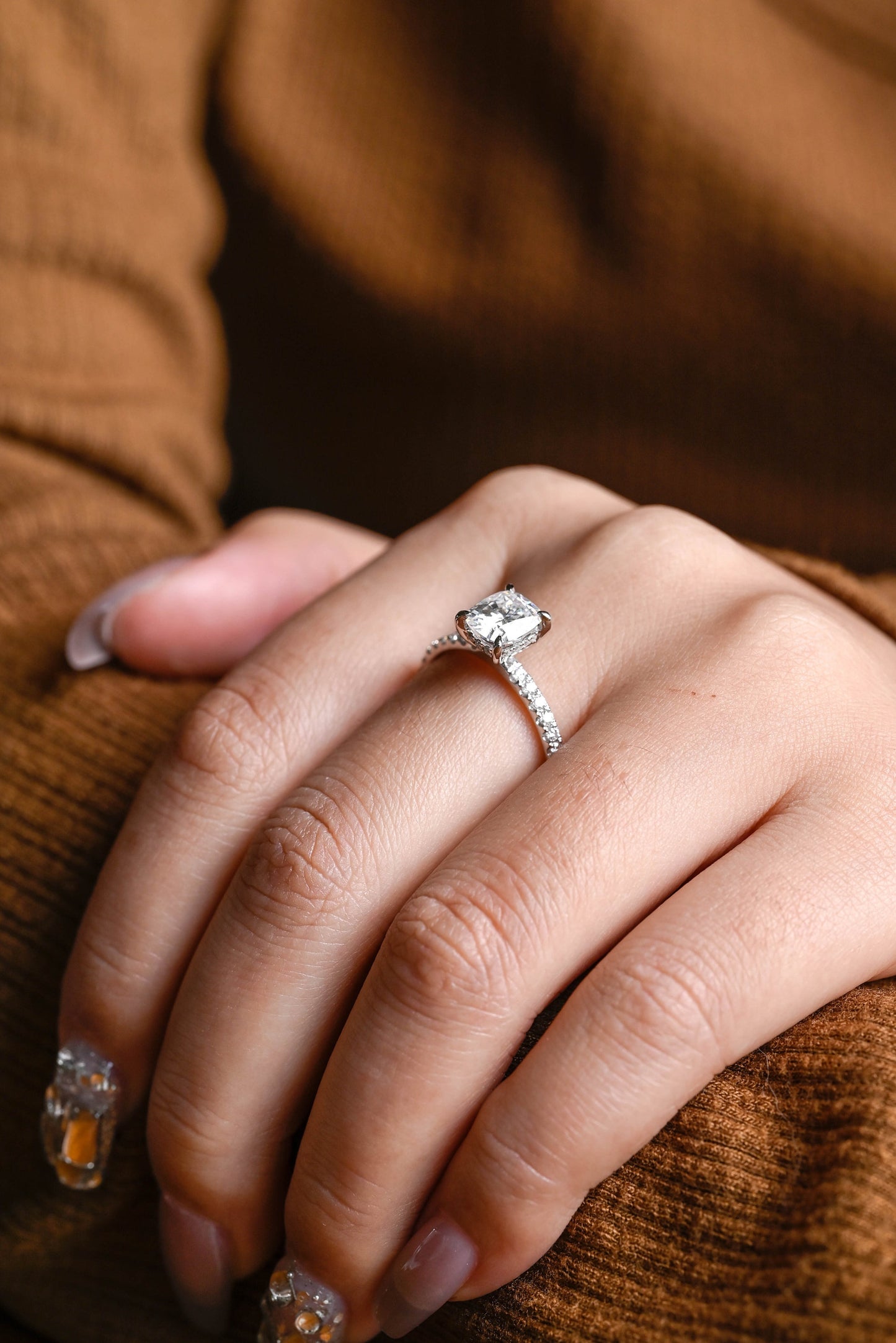 1.22 CT Cushion Cut Hidden Halo Moissanite Engagement Ring