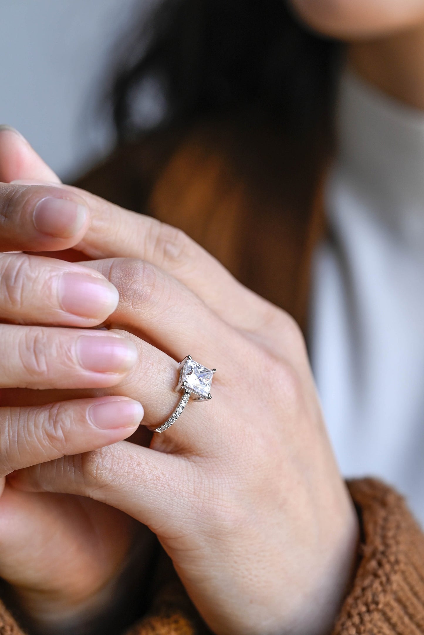 1.0 CT Princess Cut Pave Moissanite Engagement Ring