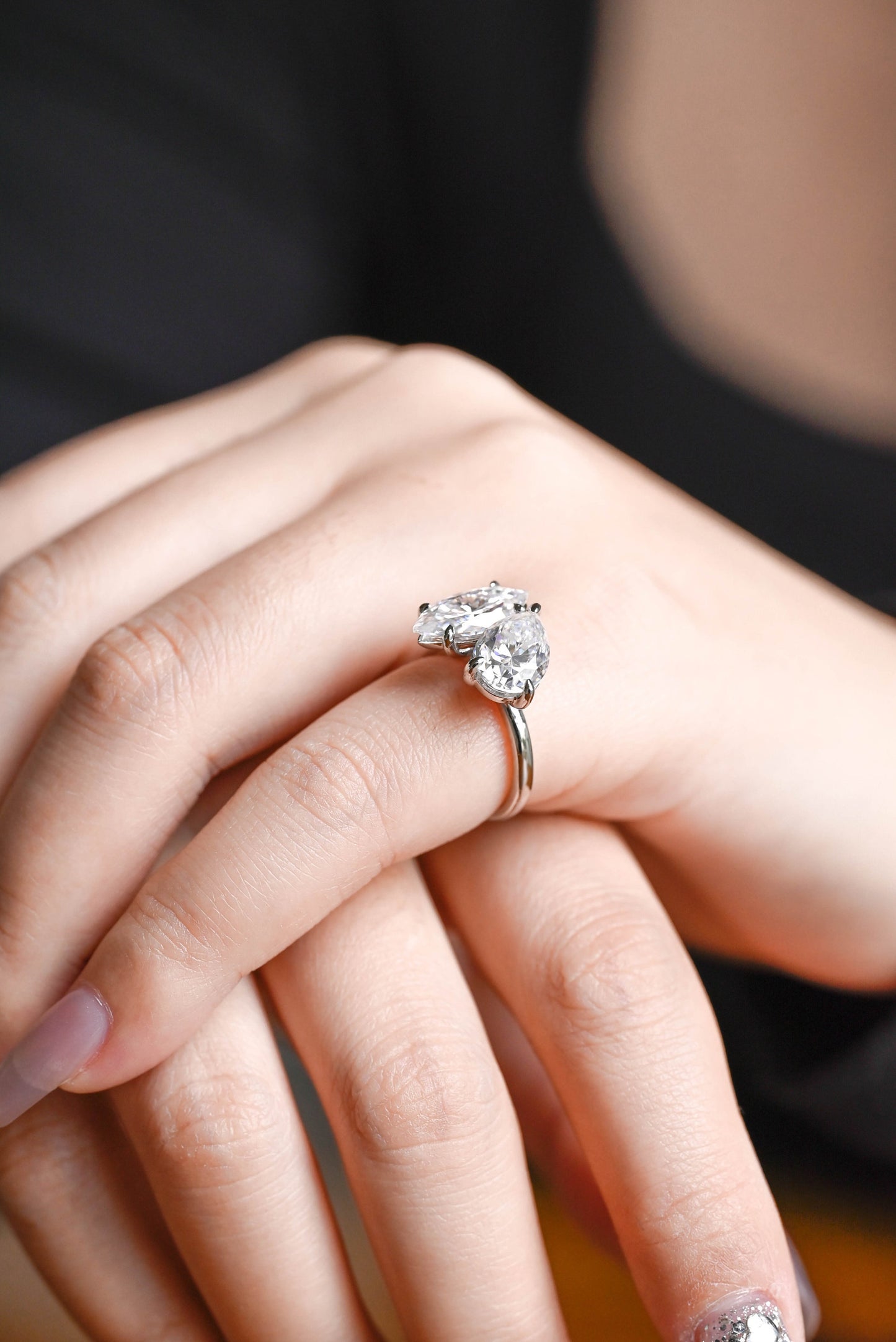 2.0 CT Marquise & Pear Cut Two Stone Moissanite Engagement Ring