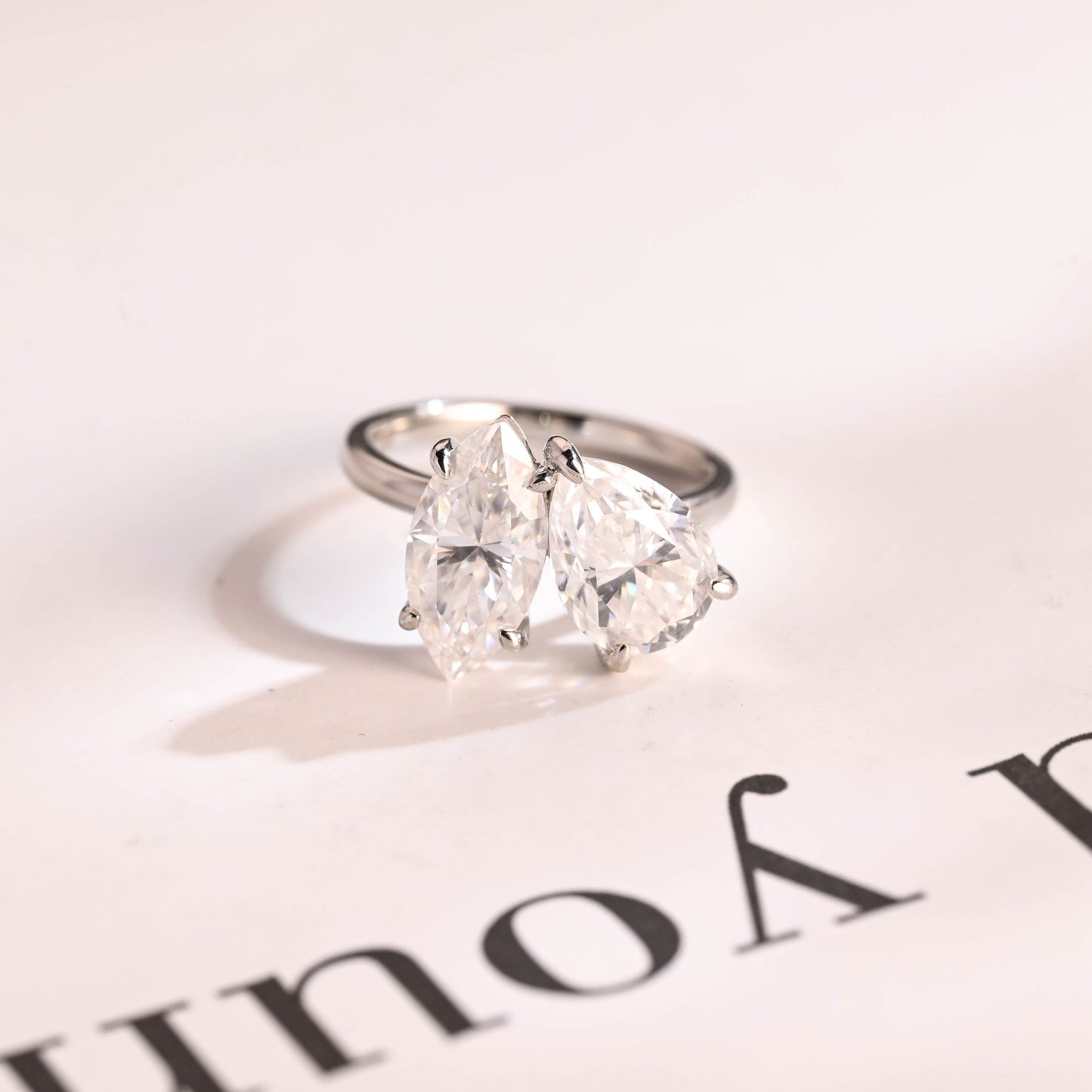 2.0 CT Marquise & Pear Cut Two Stone Moissanite Engagement Ring