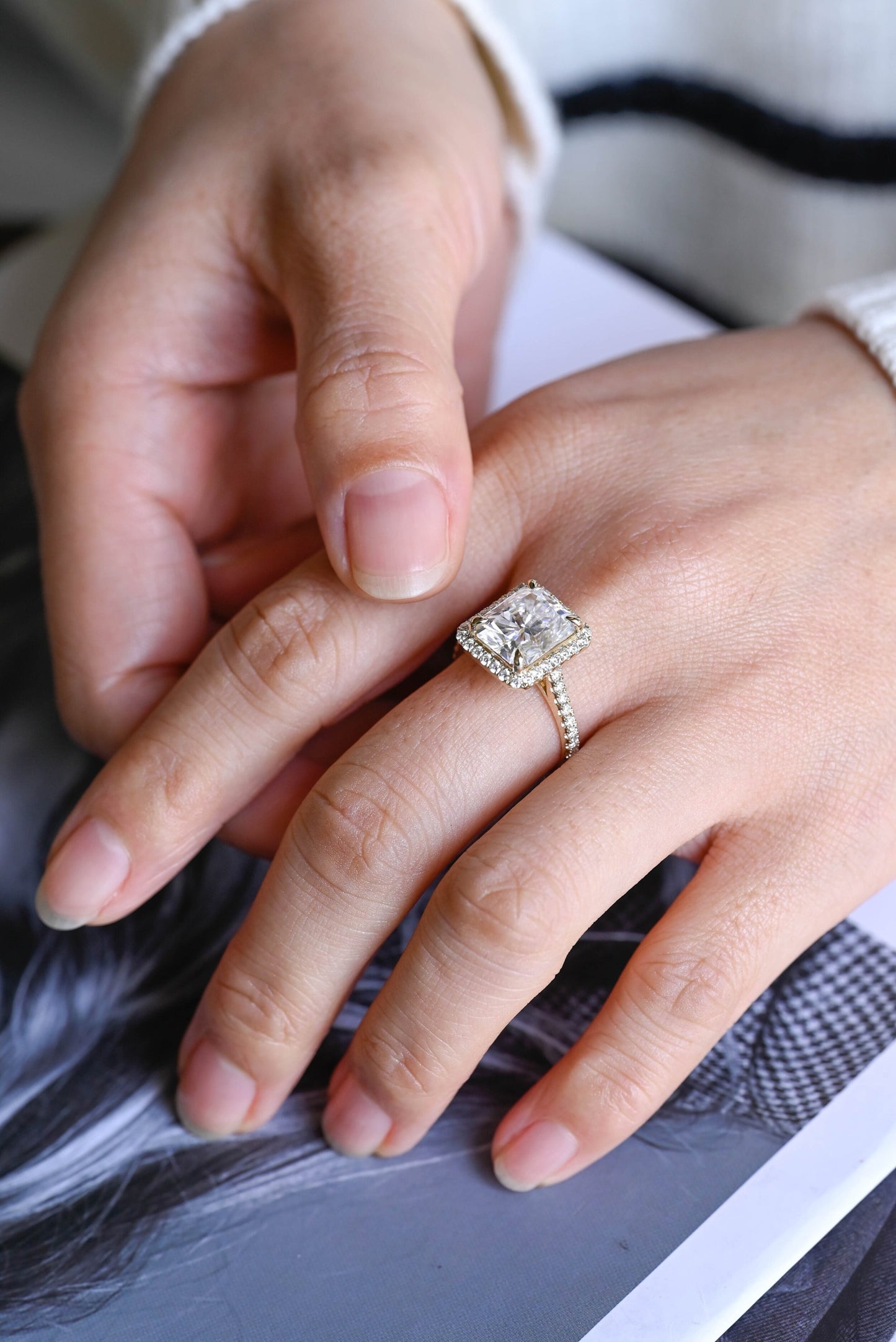 1.0 CT Radiant Cut Halo Moissanite Engagement Ring