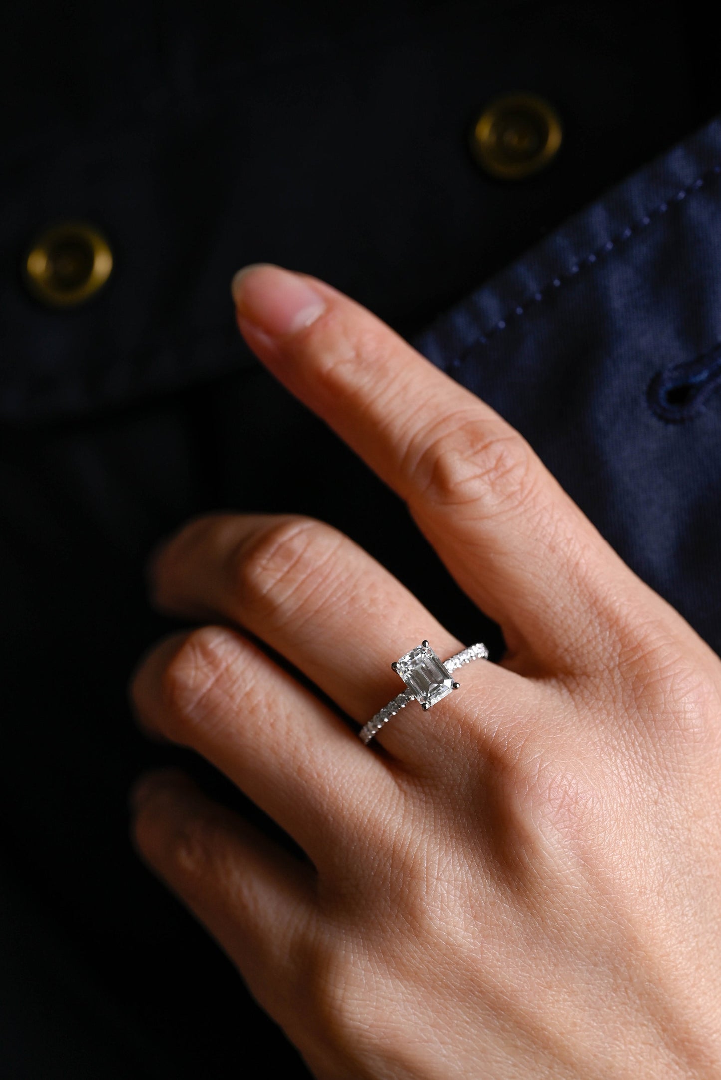 1.5 CT Emerald Cut Hidden Halo Moissanite Engagement Ring