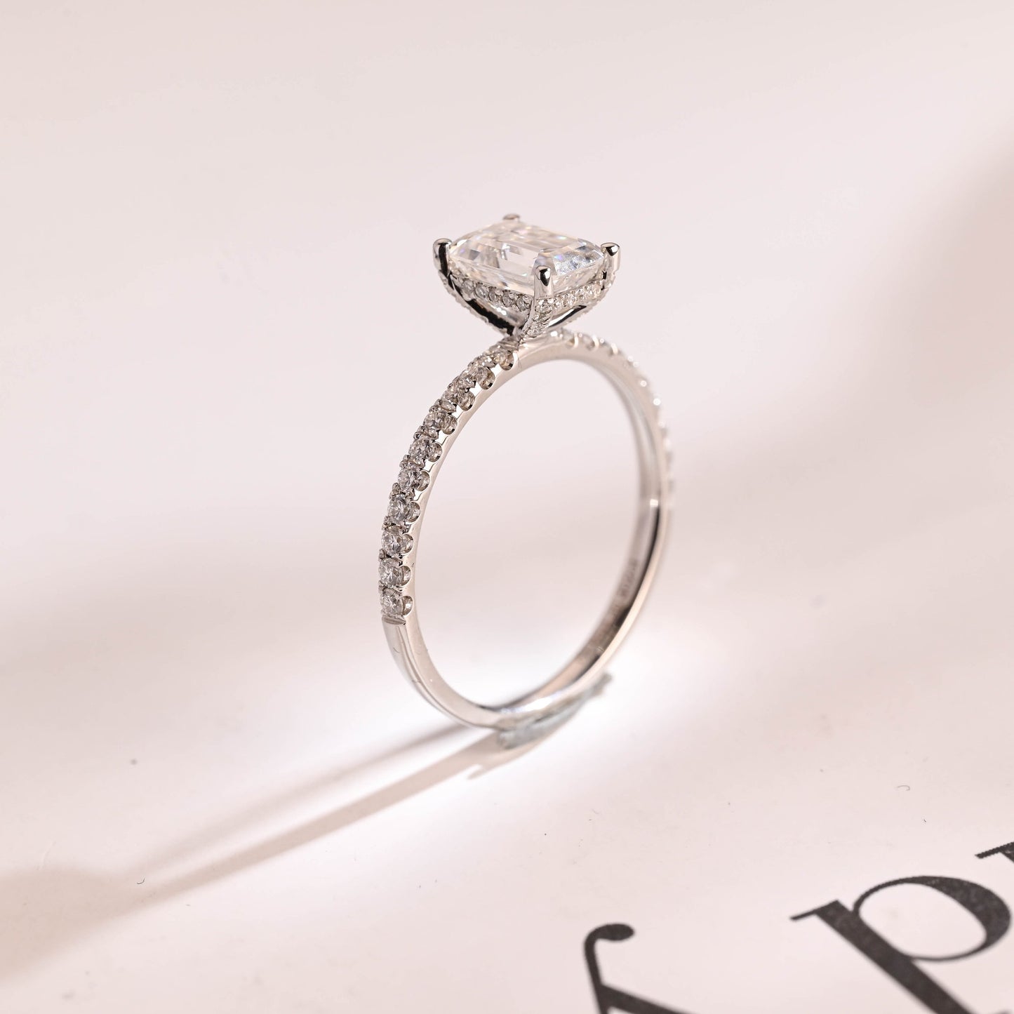 1.5 CT Emerald Cut Hidden Halo Moissanite Engagement Ring