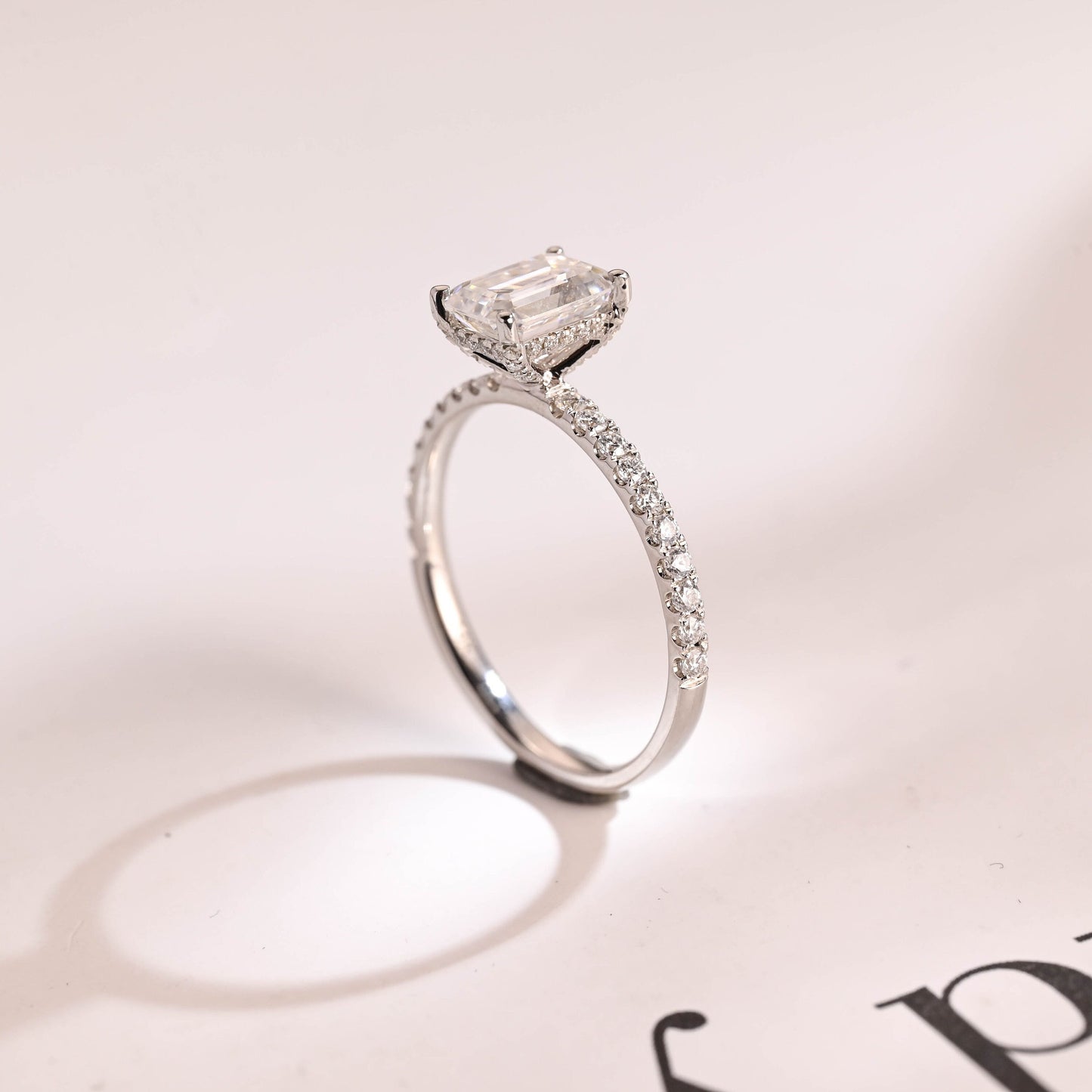 1.5 CT Emerald Cut Hidden Halo Moissanite Engagement Ring
