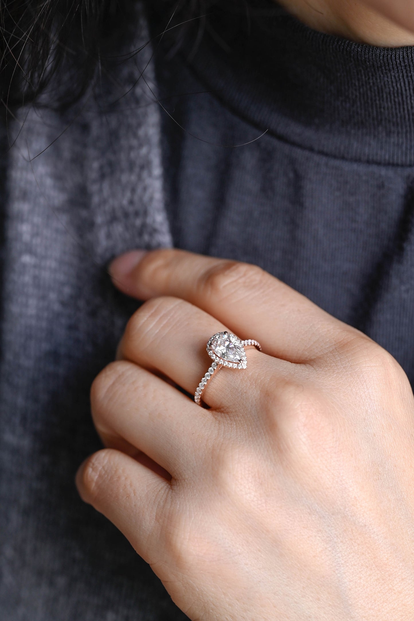 0.80 CT Pear Cut Halo Moissanite Engagement Ring