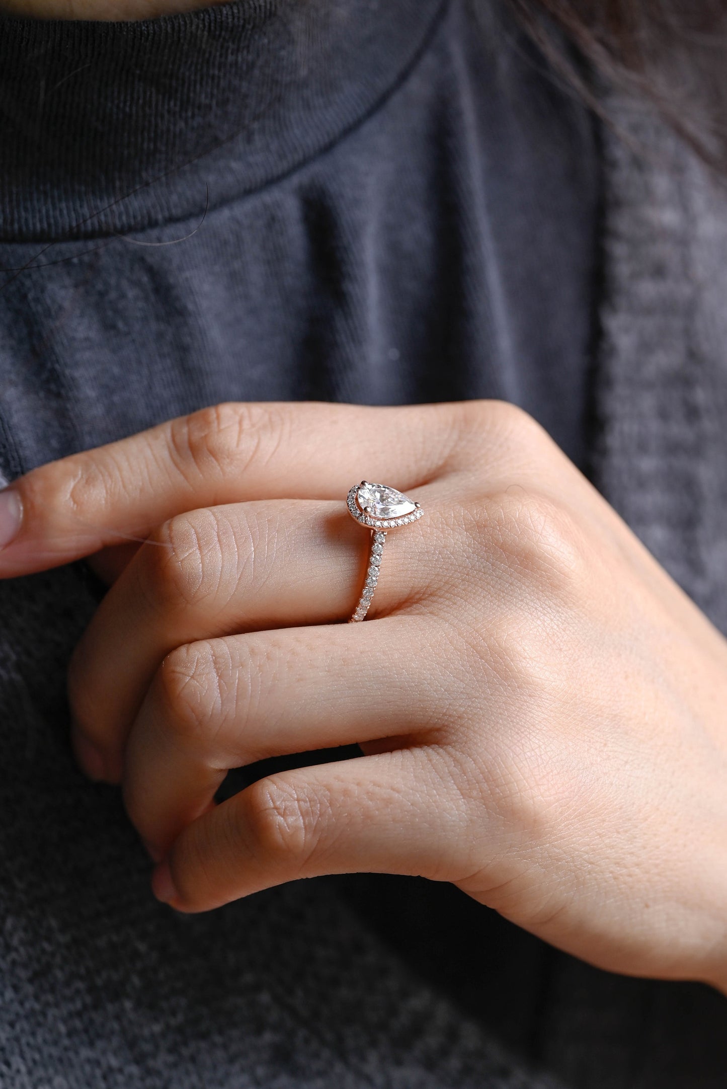 0.80 CT Pear Cut Halo Moissanite Engagement Ring