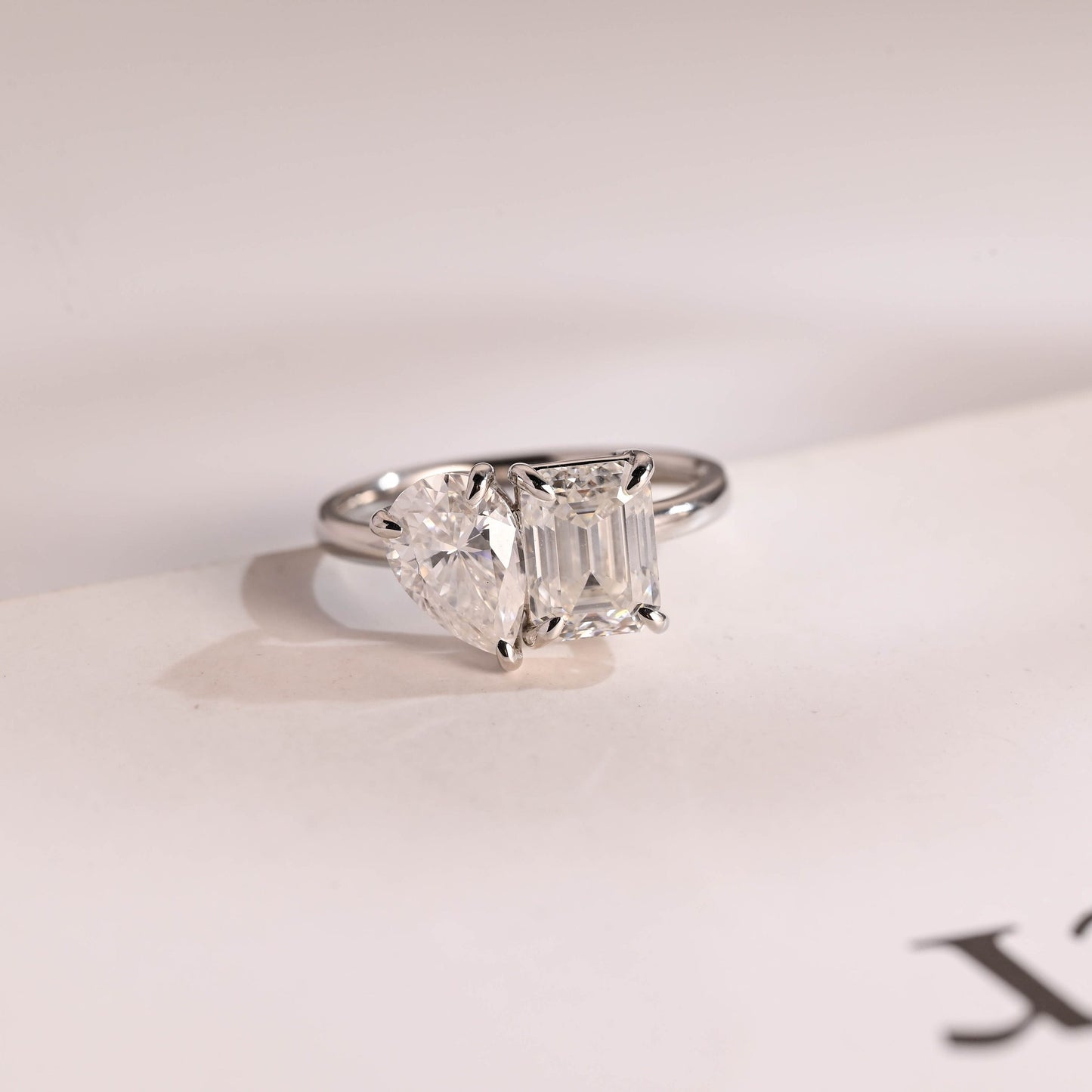 2.0 CT Pear & Emerald Cut Two Stone Moissanite Engagement Ring
