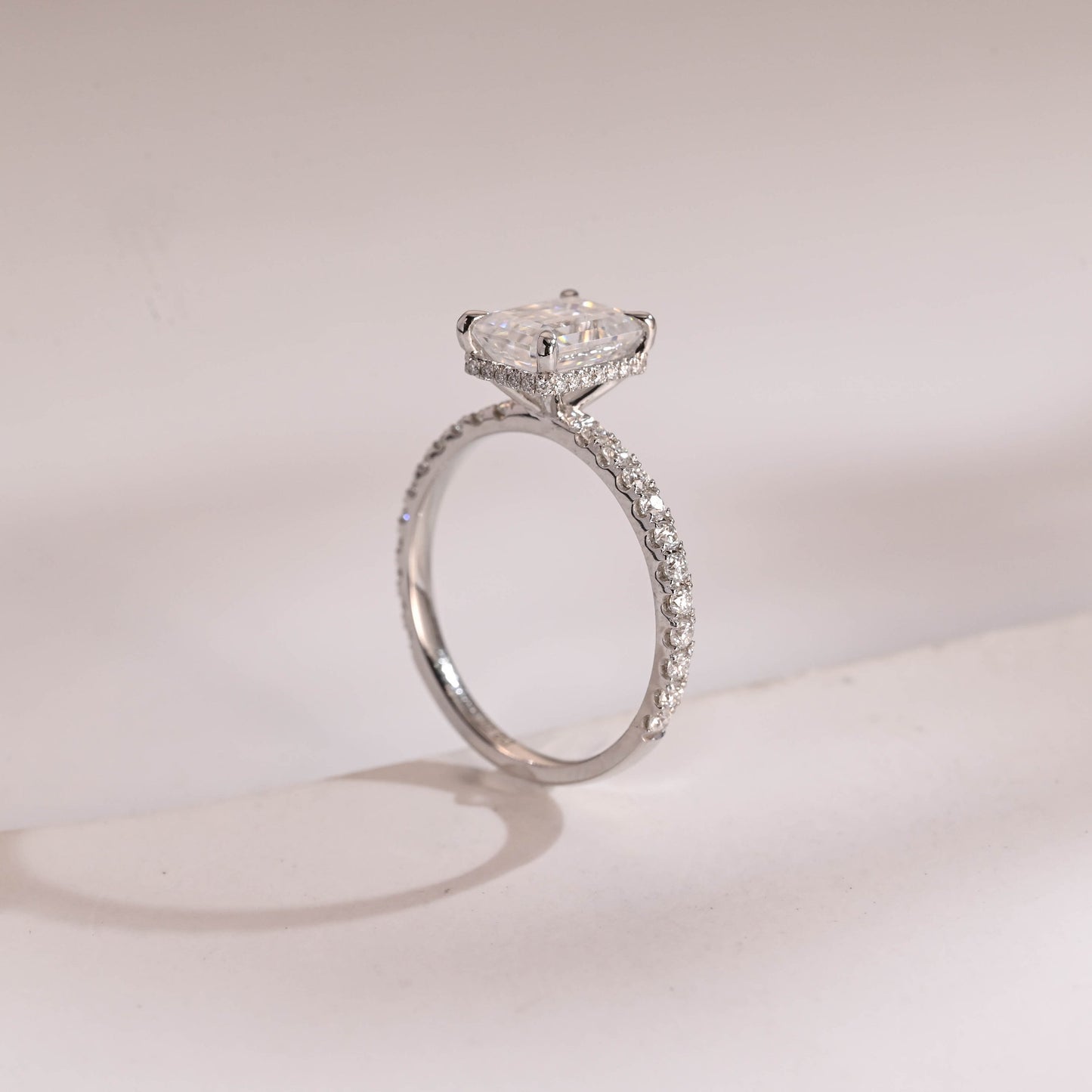 1.0 CT Emerald Cut Hidden Halo Moissanite Engagement Ring