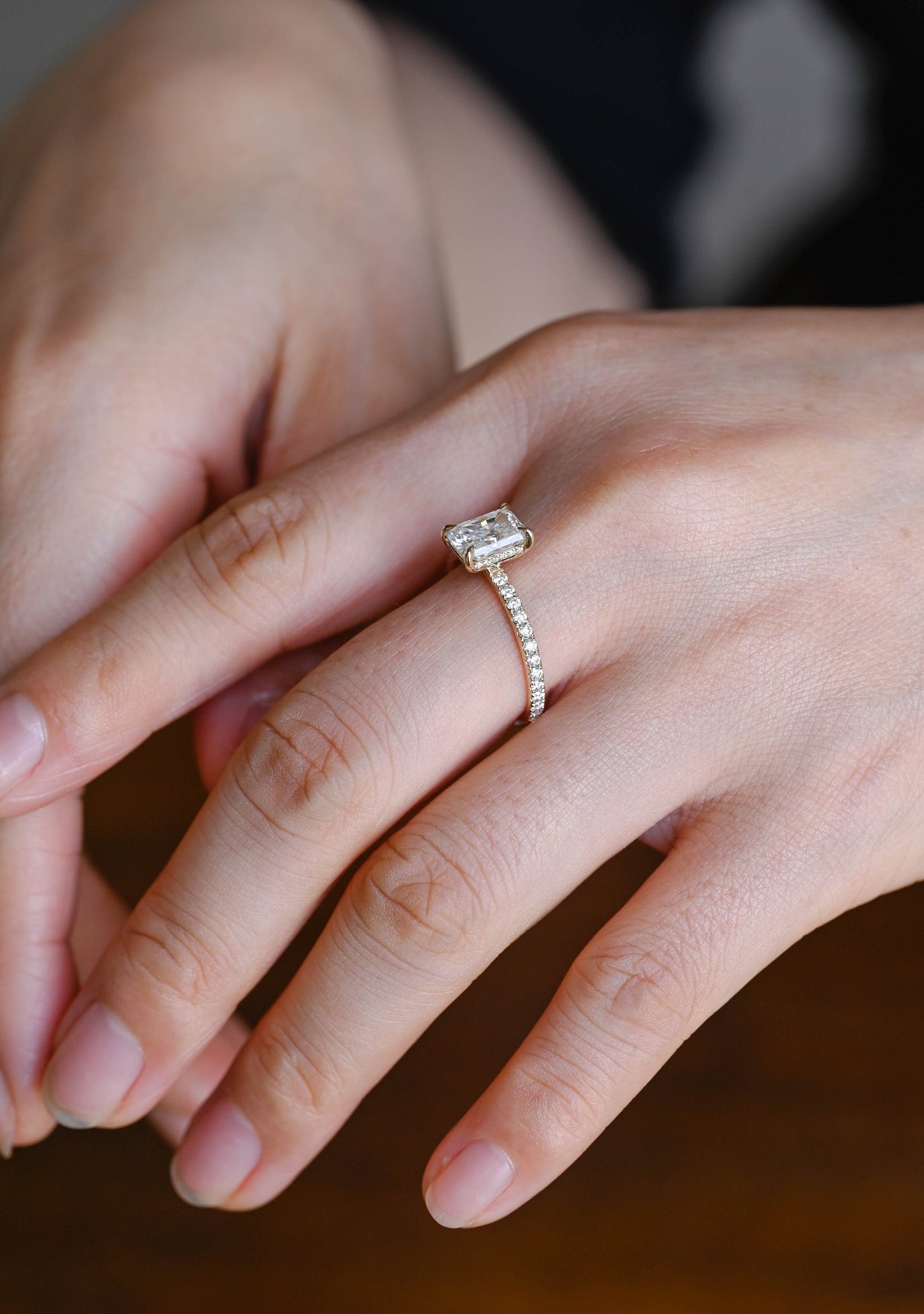 1.0 CT Emerald Cut Hidden Halo Moissanite Engagement Ring