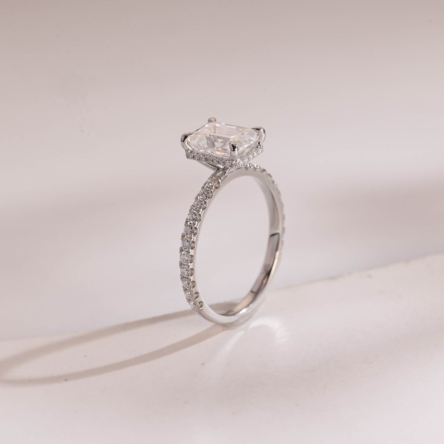 1.0 CT Emerald Cut Hidden Halo Moissanite Engagement Ring