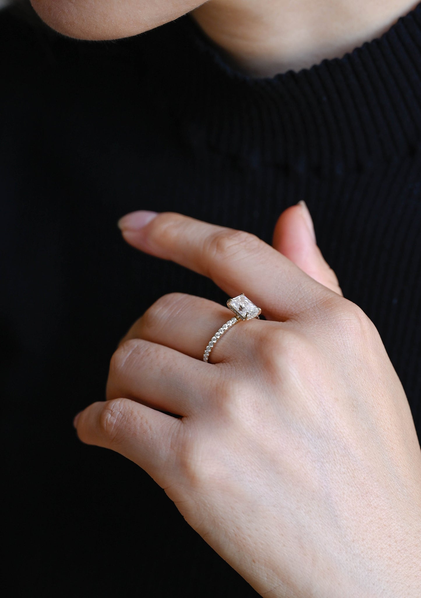 1.0 CT Emerald Cut Hidden Halo Moissanite Engagement Ring
