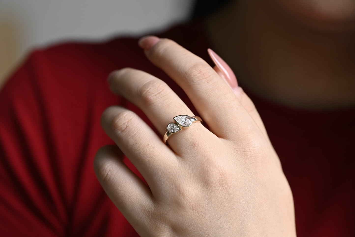 1.0 CT Pear Cut Two Stone Moissanite Engagement Ring