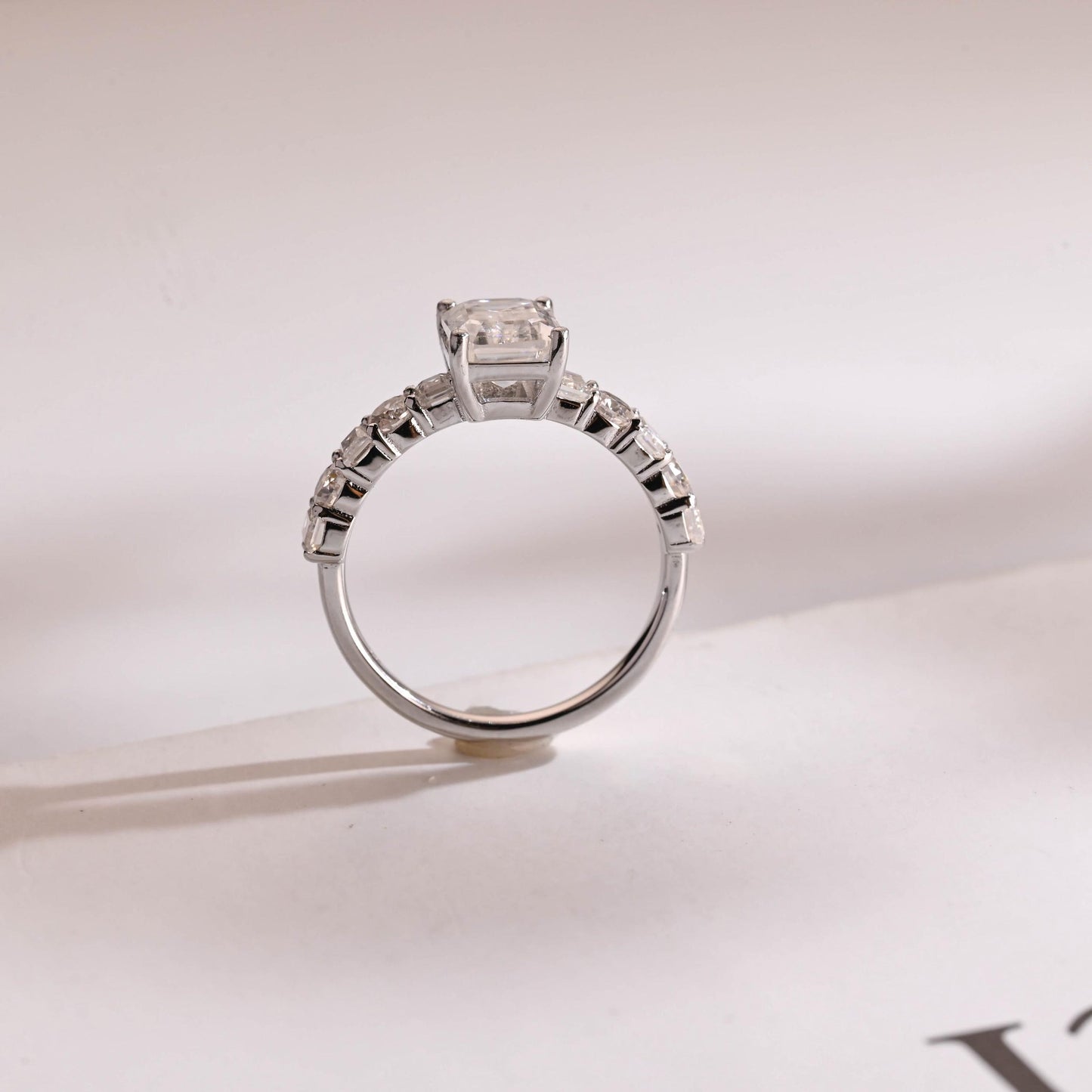 2.0 CT Emerald Cut Half Pave Moissanite Engagement Ring