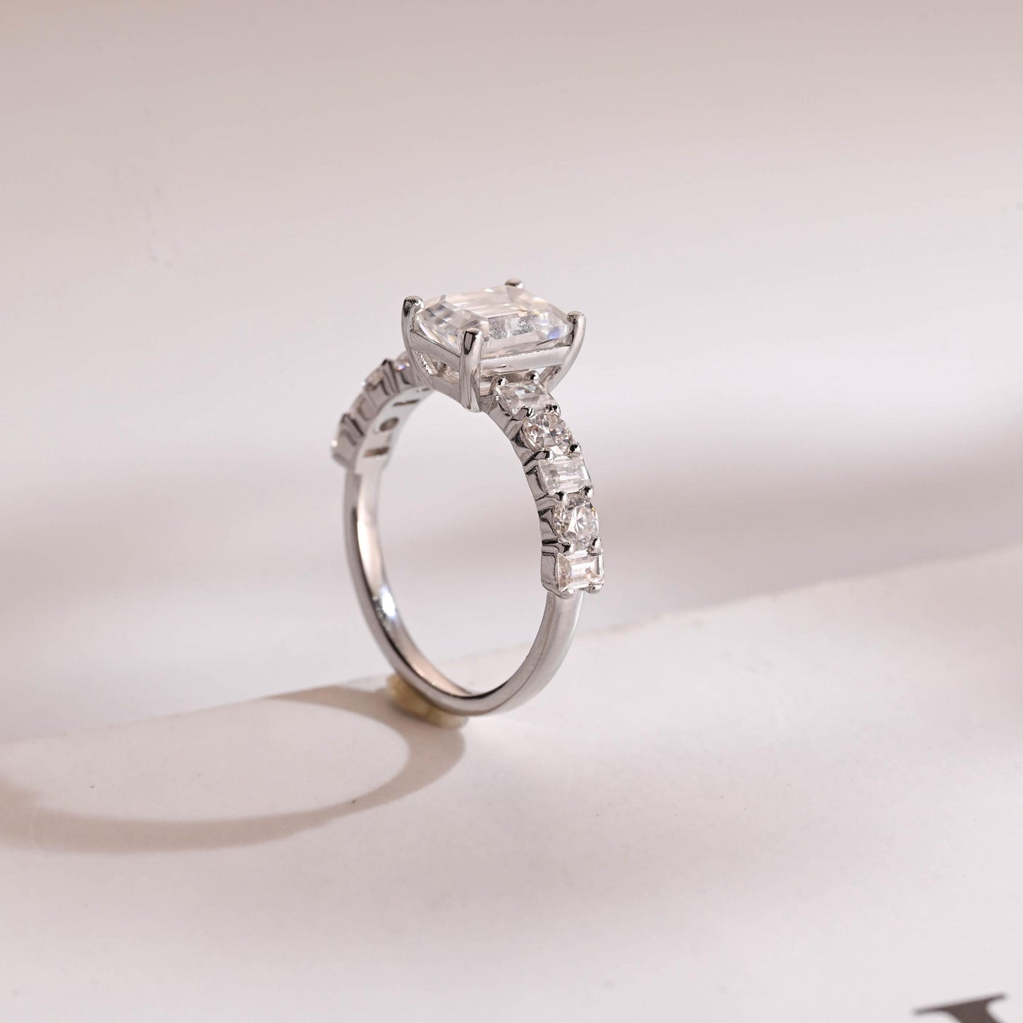 2.0 CT Emerald Cut Half Pave Moissanite Engagement Ring
