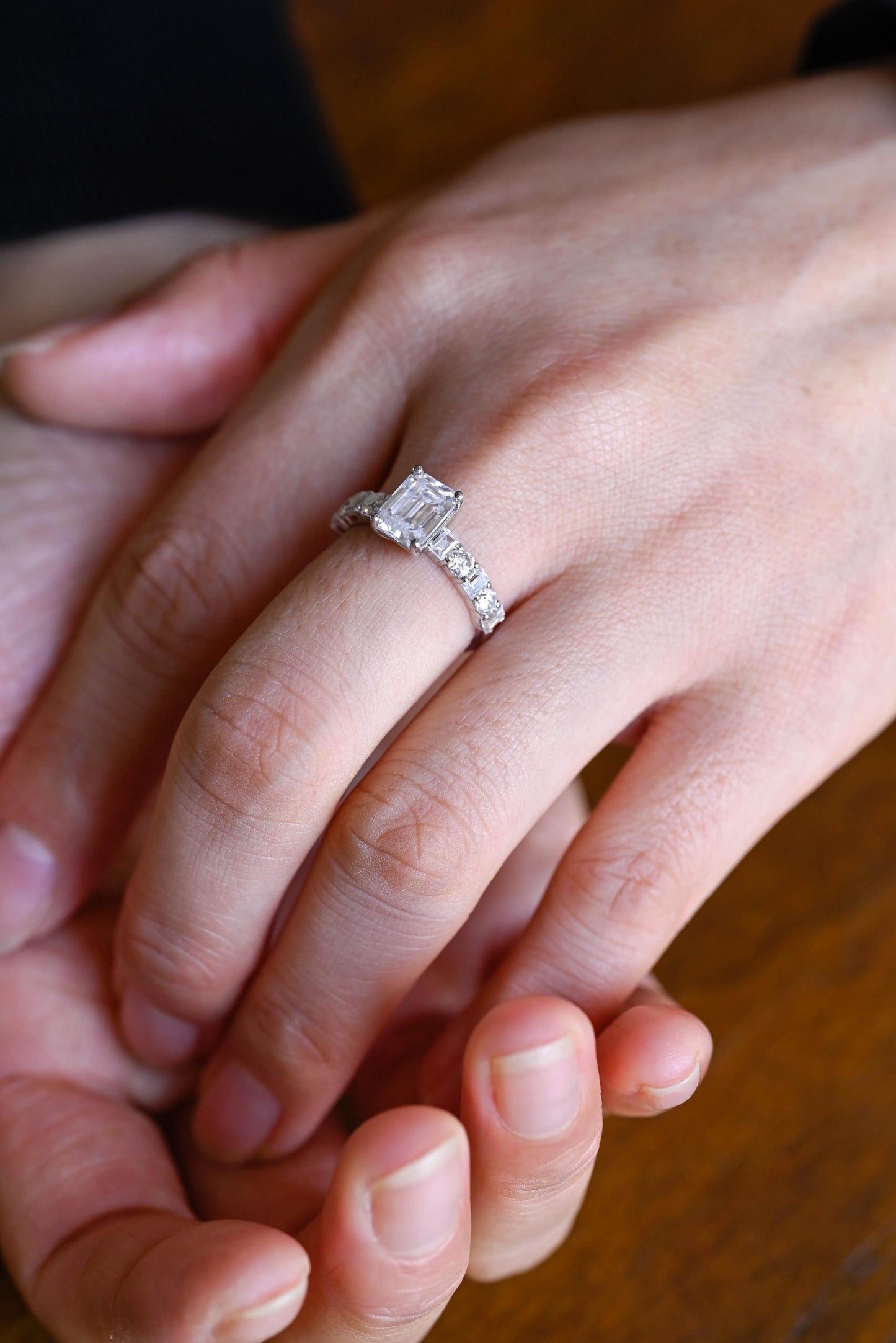 2.0 CT Emerald Cut Half Pave Moissanite Engagement Ring