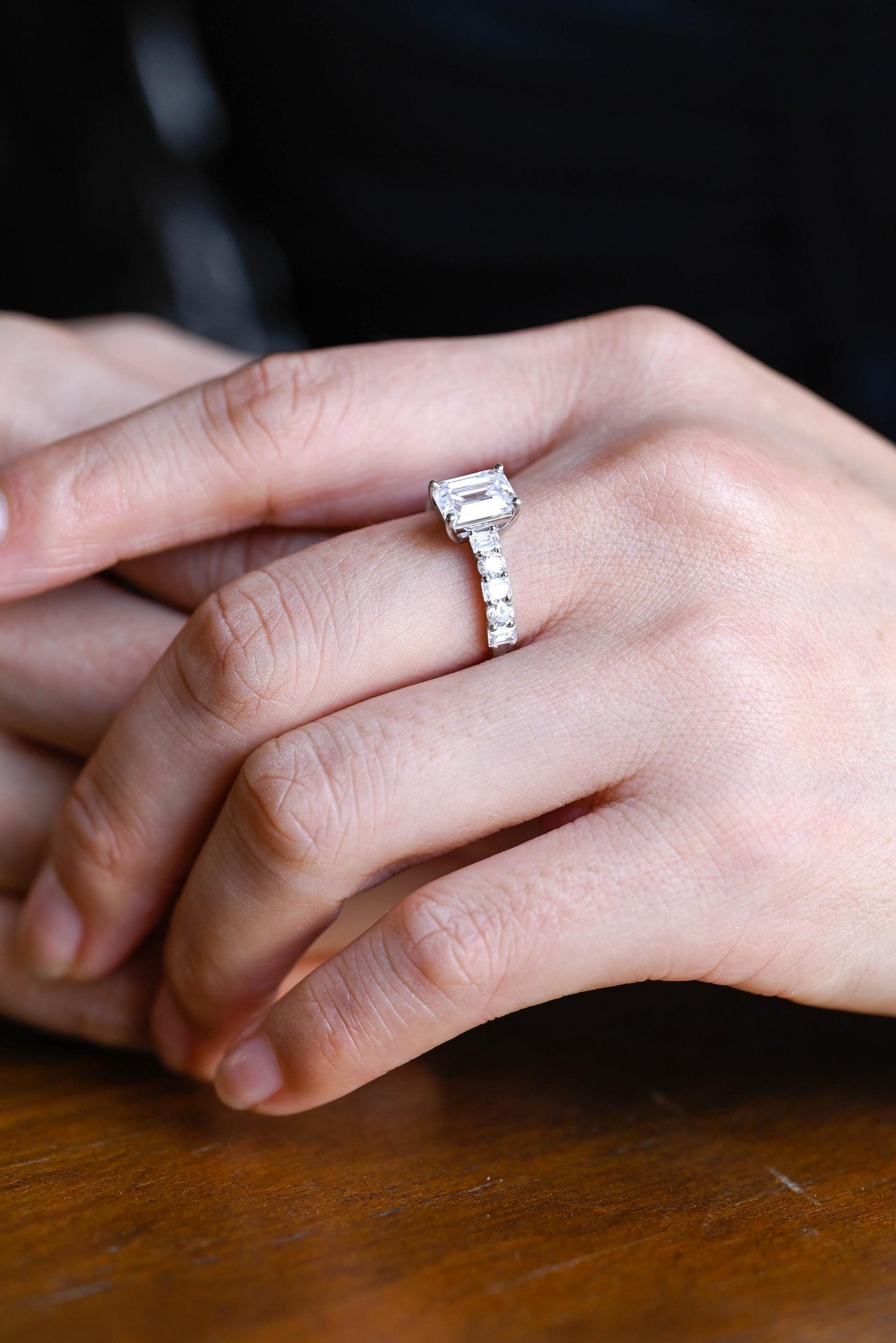 2.0 CT Emerald Cut Half Pave Moissanite Engagement Ring
