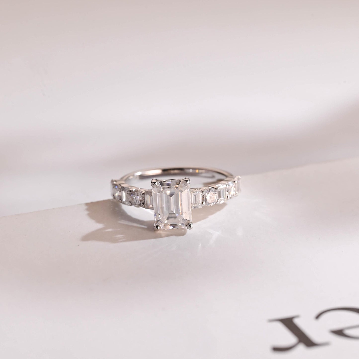 2.0 CT Emerald Cut Half Pave Moissanite Engagement Ring