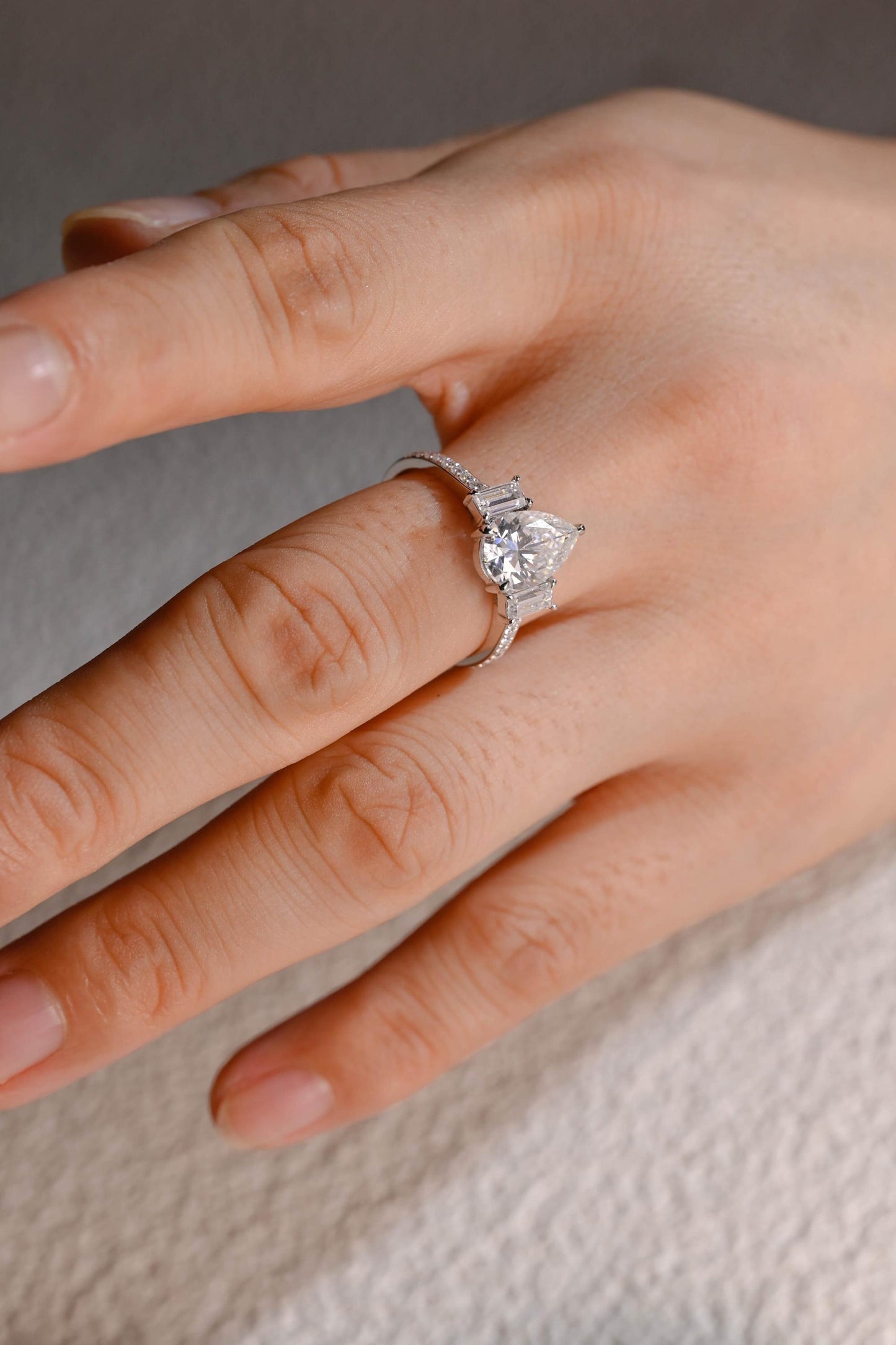 2.5 CT Pear Cut Three Stone Moissanite Engagement Ring