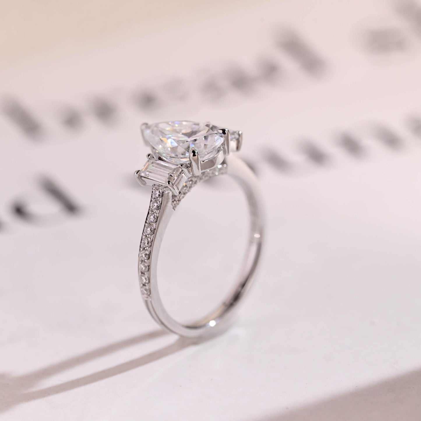 2.5 CT Pear Cut Three Stone Moissanite Engagement Ring