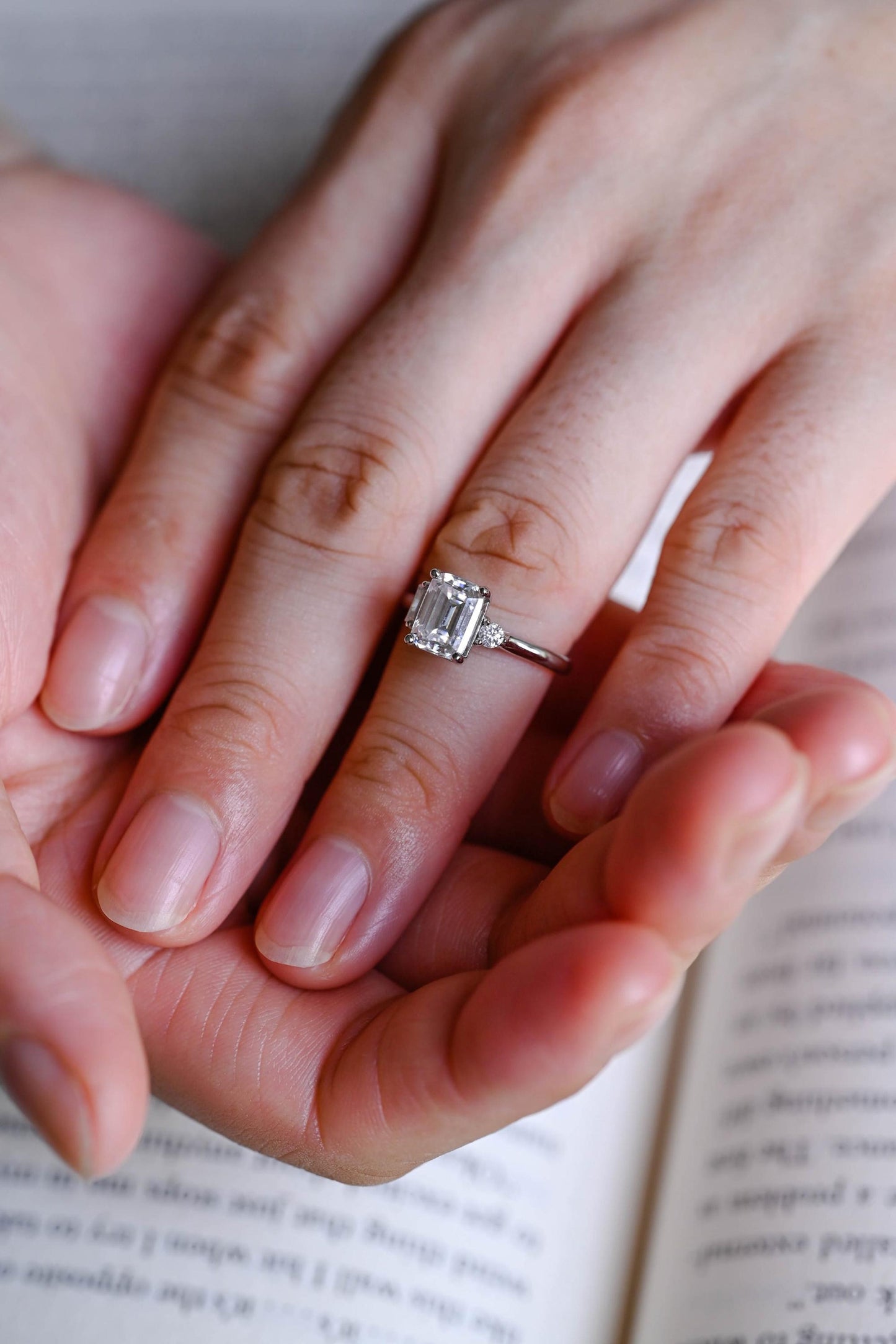2.0 CT Emerald Cut Three Stone Moissanite Engagement Ring