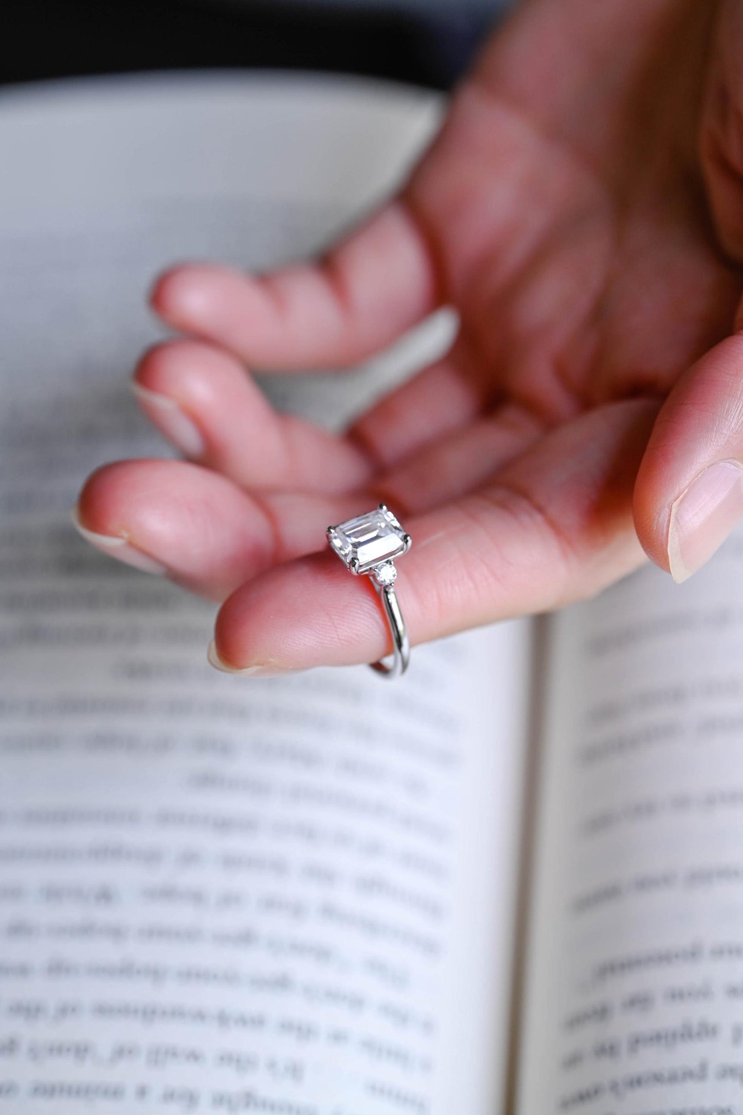 2.0 CT Emerald Cut Three Stone Moissanite Engagement Ring