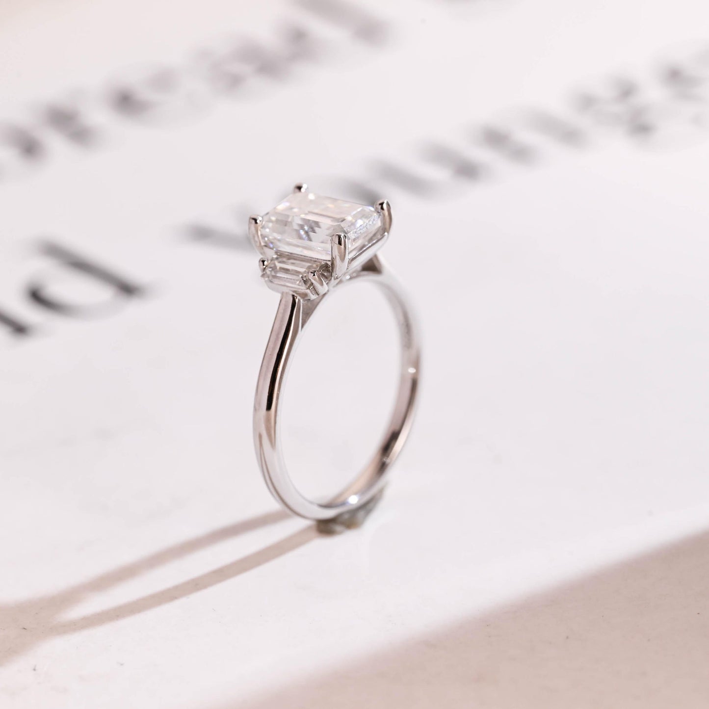 2.0 CT Emerald Cut Three Stone Moissanite Engagement Ring