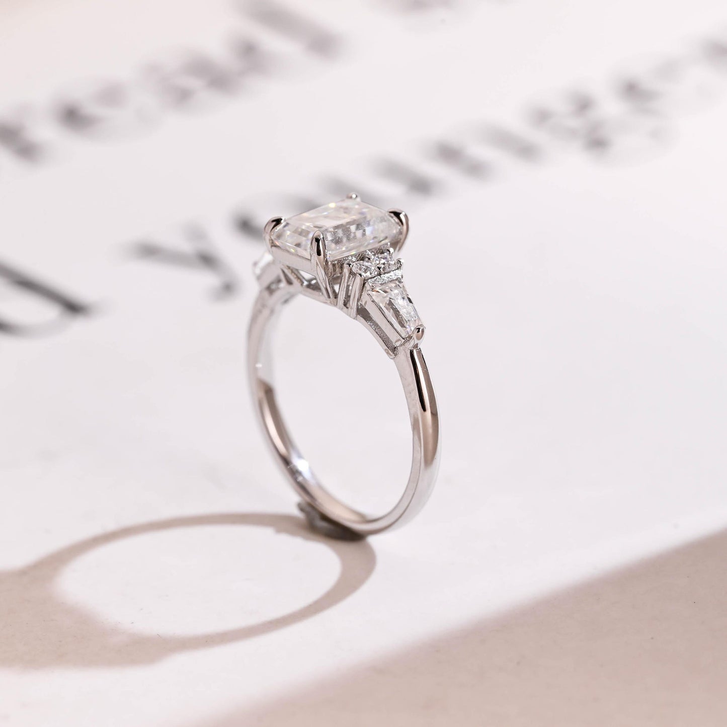 2.0 CT Emerald Cut Three Stone Moissanite Engagement Ring