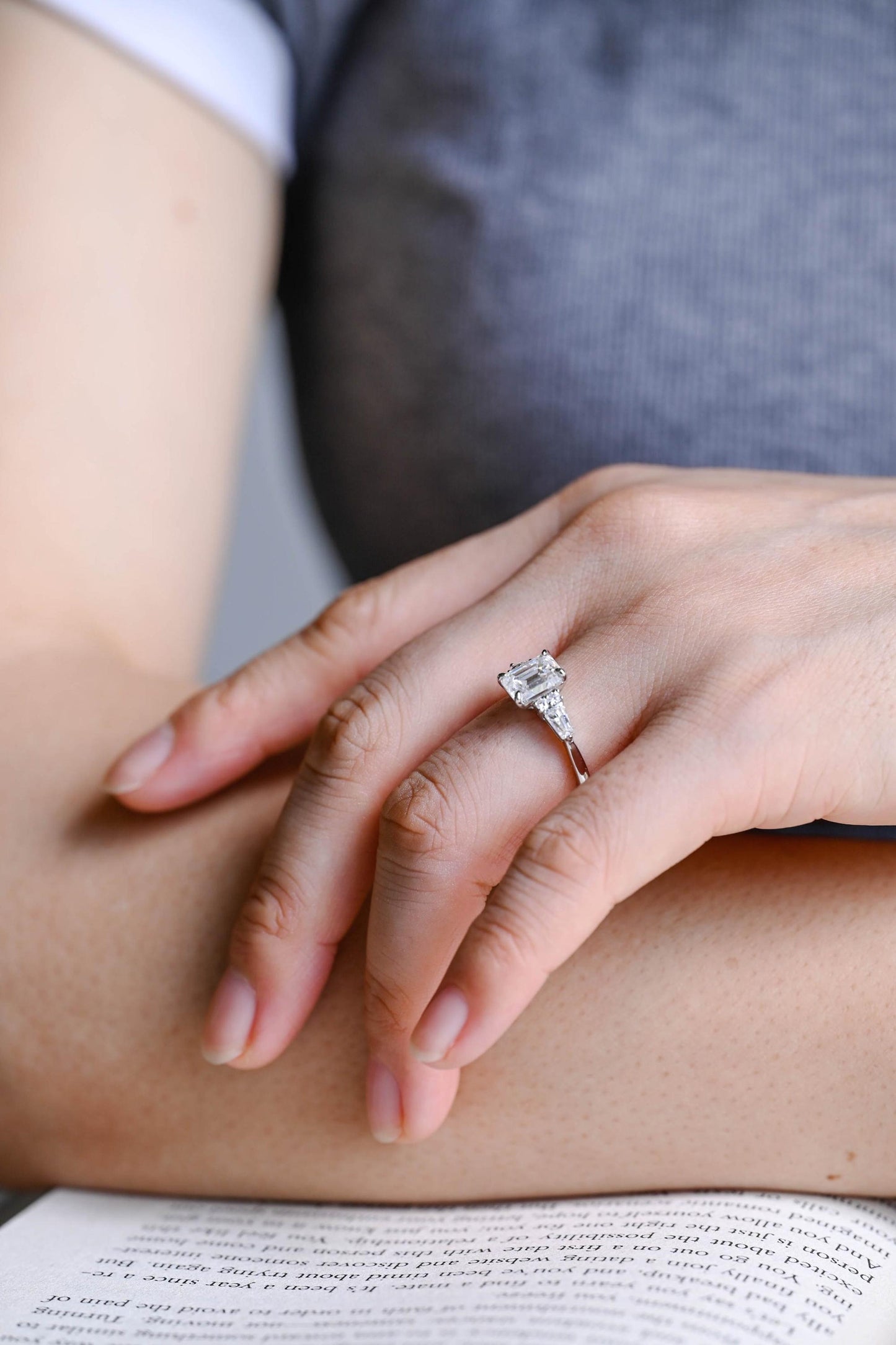 2.0 CT Emerald Cut Three Stone Moissanite Engagement Ring