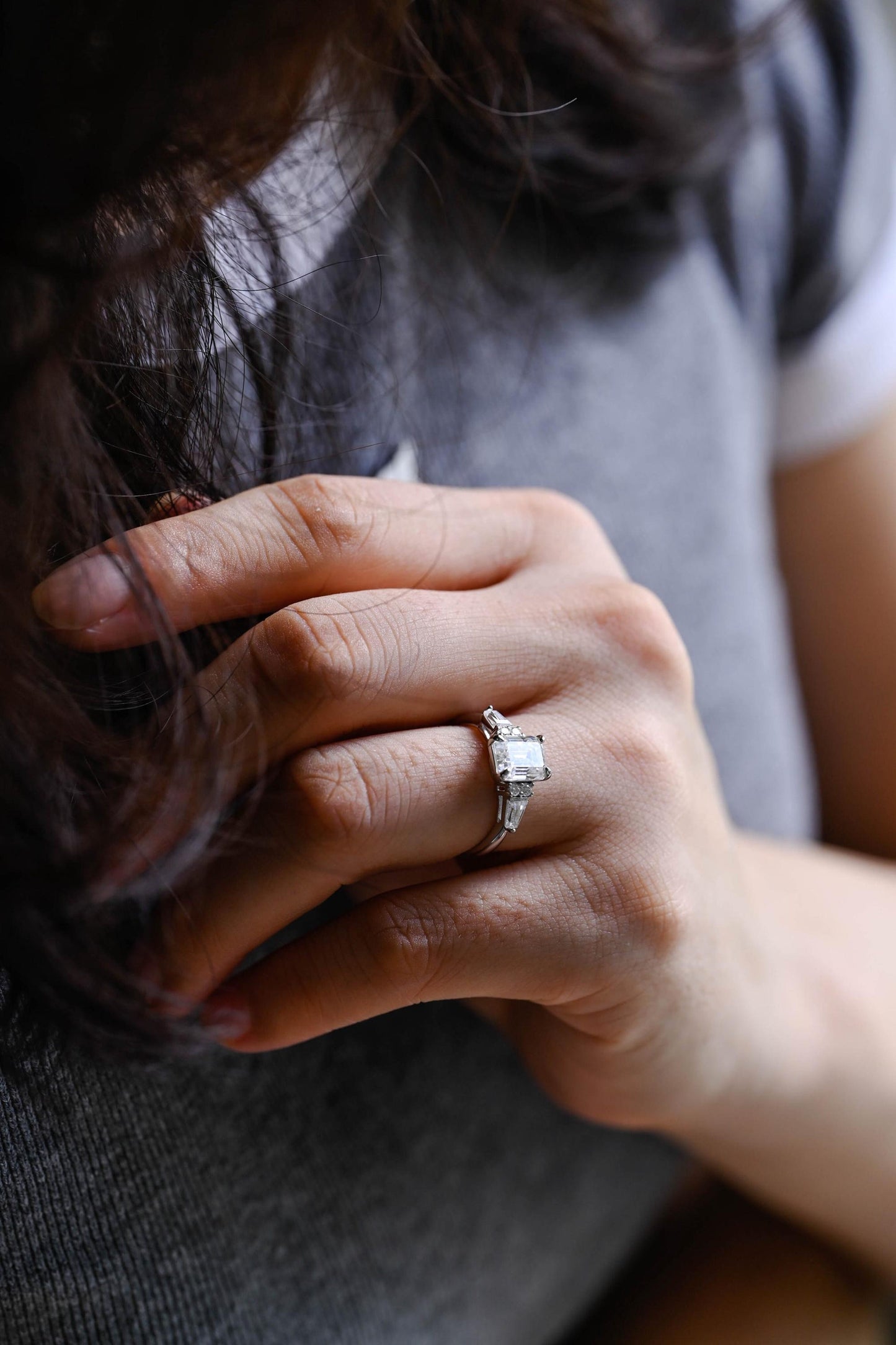 2.0 CT Emerald Cut Three Stone Moissanite Engagement Ring