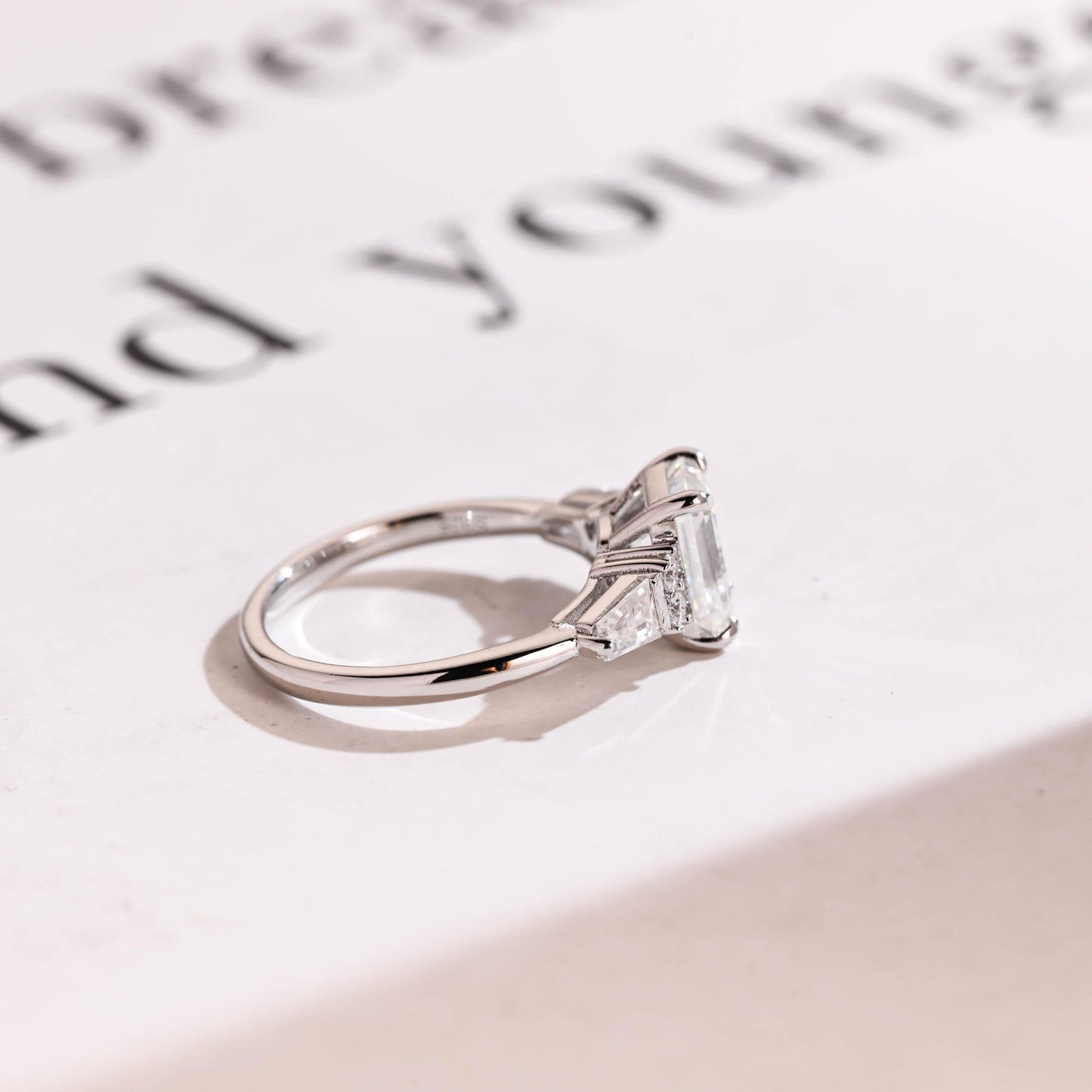 2.0 CT Emerald Cut Three Stone Moissanite Engagement Ring