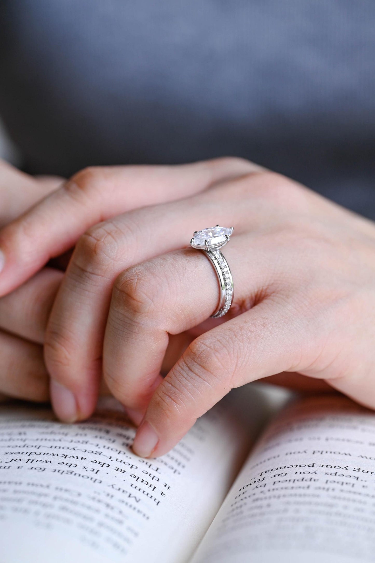 2.0 CT Marquise Cut Pave Moissanite Engagement Ring