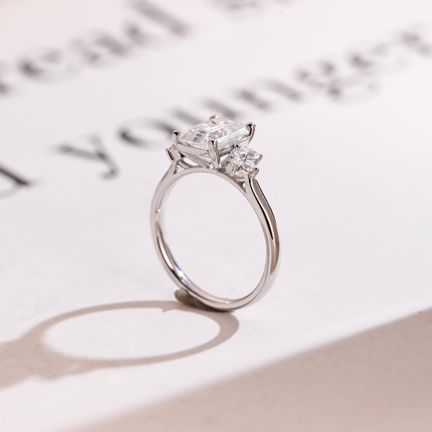 2.0 CT Emerald Cut Cluster Moissanite Engagement Ring