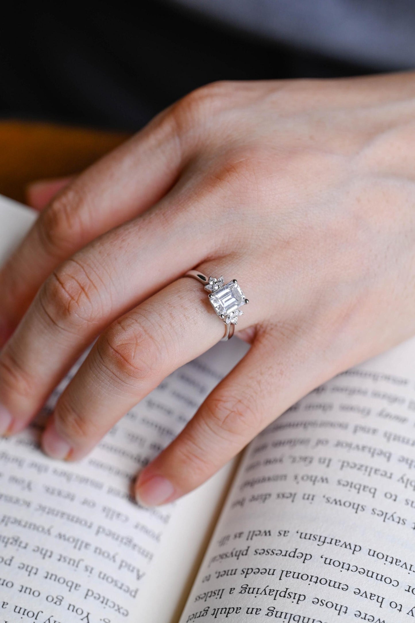 2.0 CT Emerald Cut Cluster Moissanite Engagement Ring