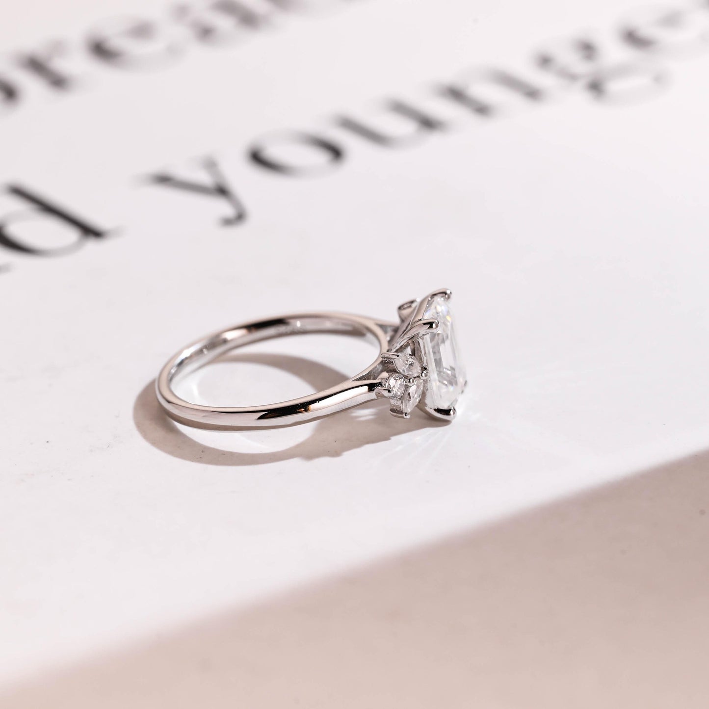 2.0 CT Emerald Cut Cluster Moissanite Engagement Ring