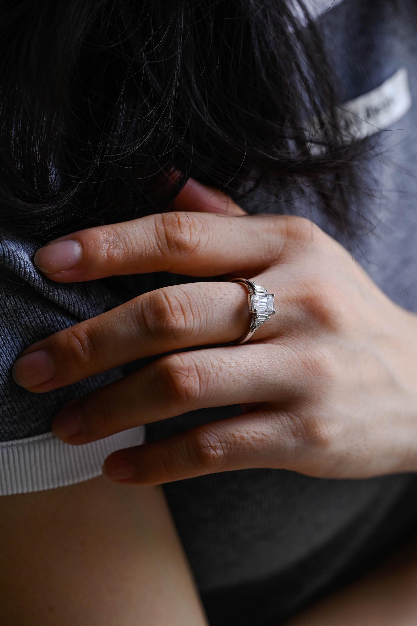 2.0 CT Emerald Cut Cluster Moissanite Engagement Ring