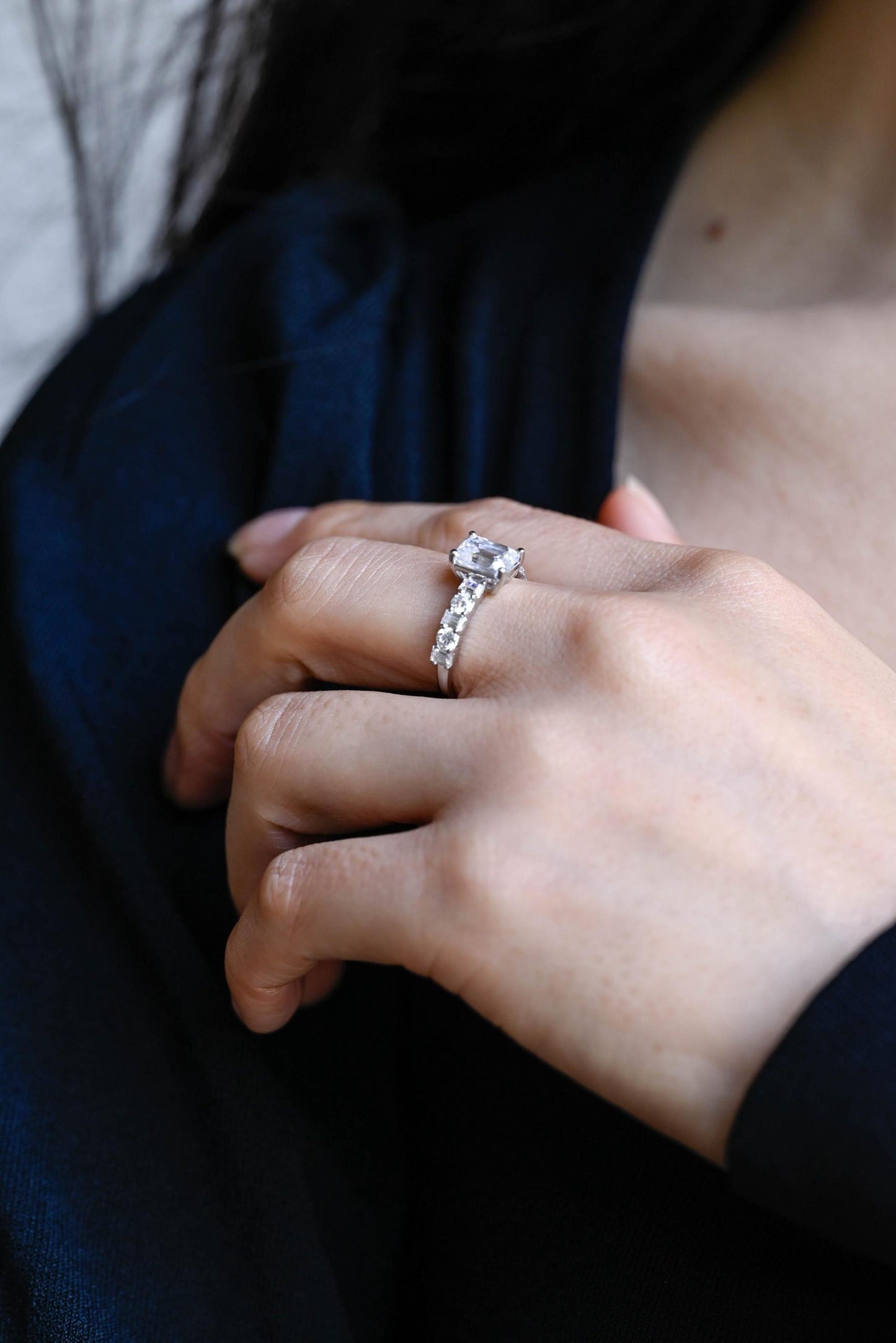 2.0 CT Emerald Cut Half Pave Moissanite Engagement Ring