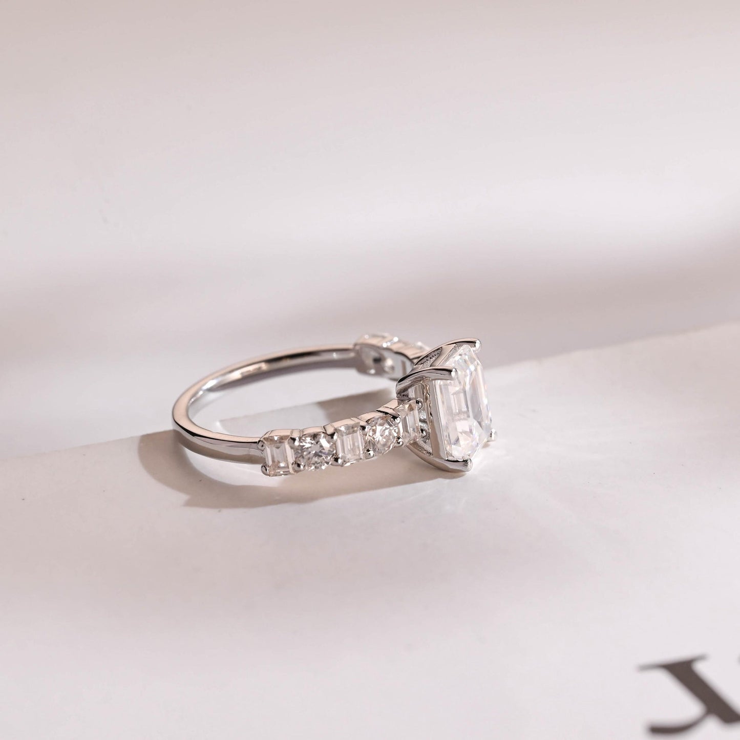 2.0 CT Emerald Cut Half Pave Moissanite Engagement Ring