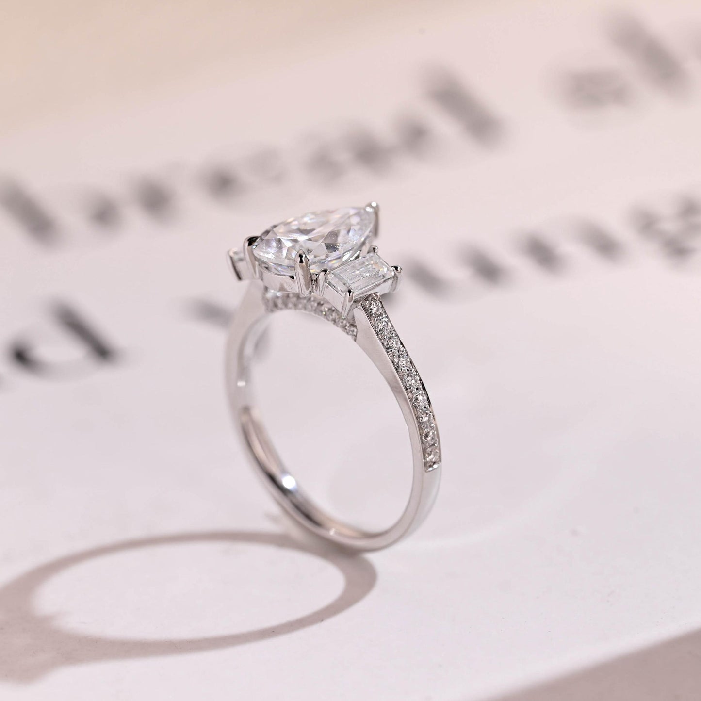 2.5 CT Pear Cut Three Stone Moissanite Engagement Ring