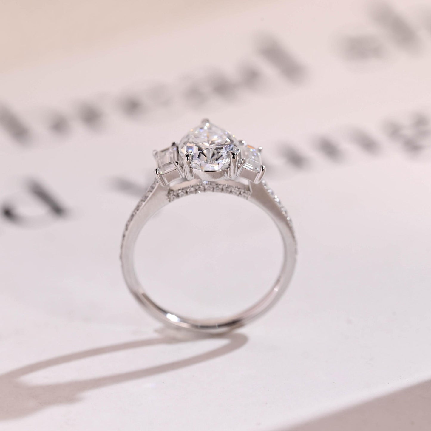 2.5 CT Pear Cut Three Stone Moissanite Engagement Ring