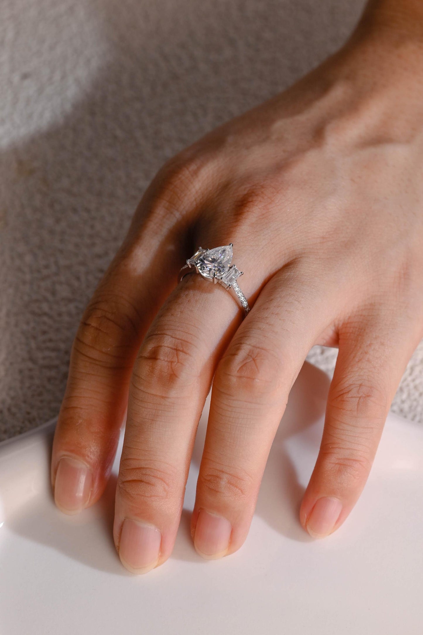 2.5 CT Pear Cut Three Stone Moissanite Engagement Ring