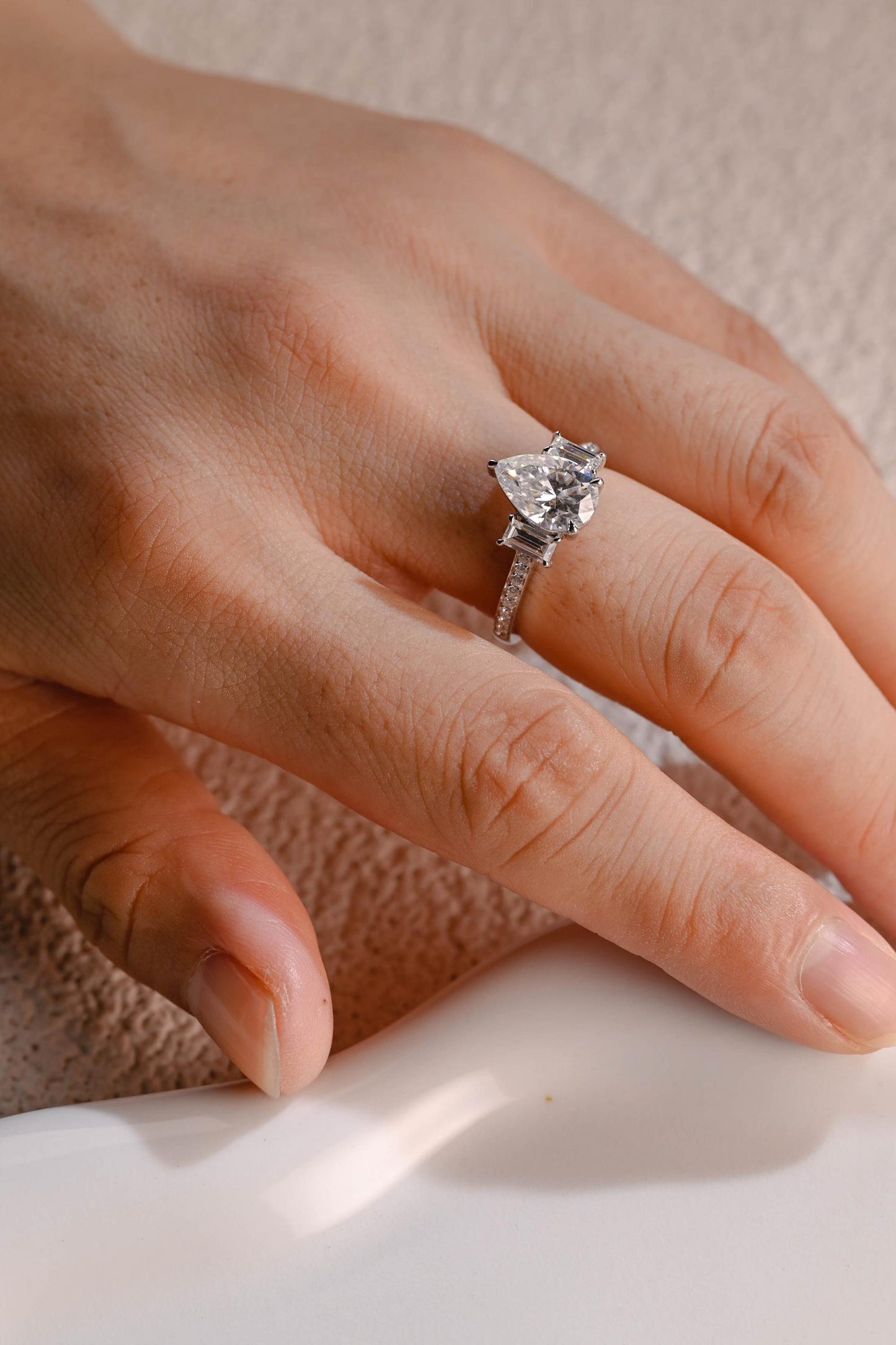 2.5 CT Pear Cut Three Stone Moissanite Engagement Ring
