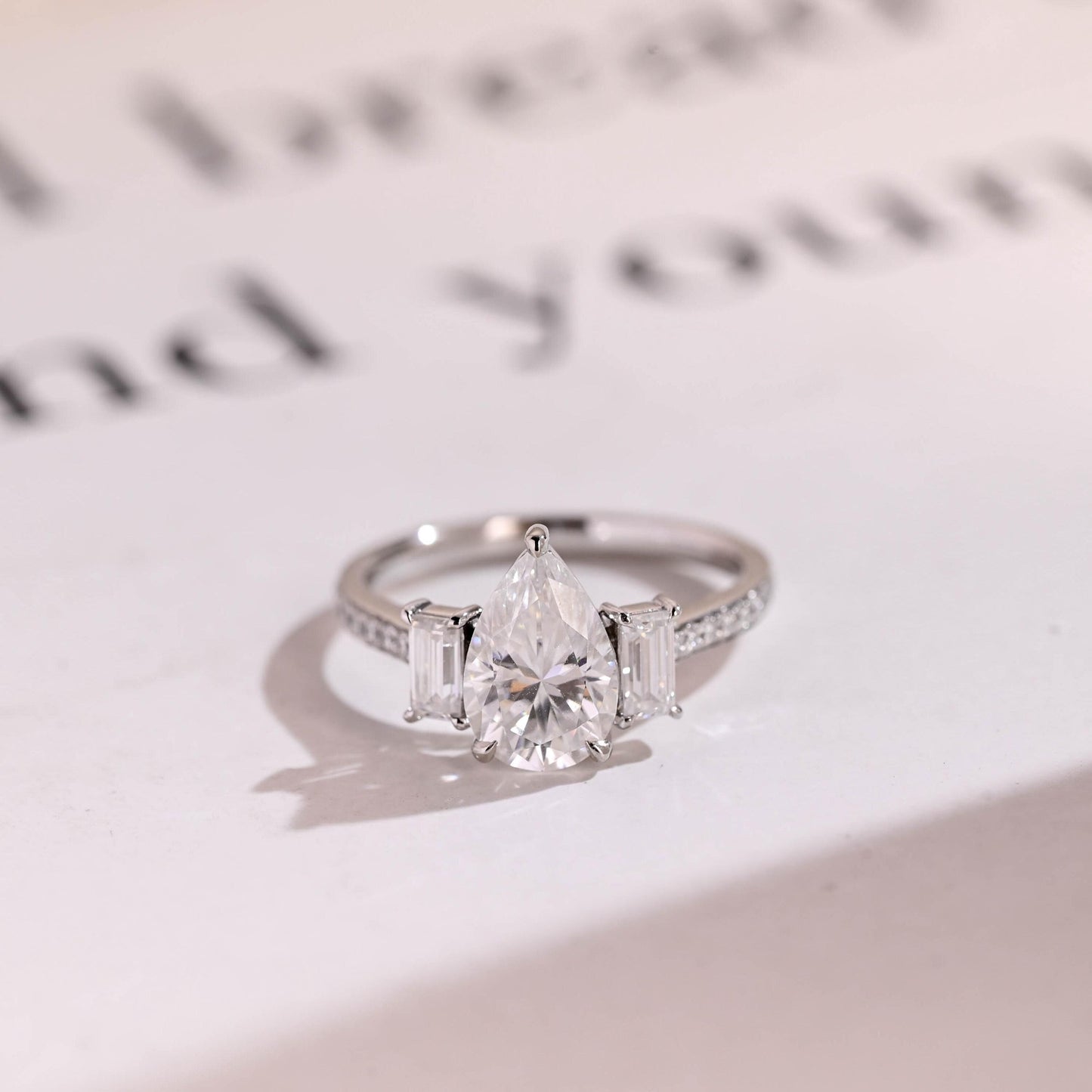2.5 CT Pear Cut Three Stone Moissanite Engagement Ring