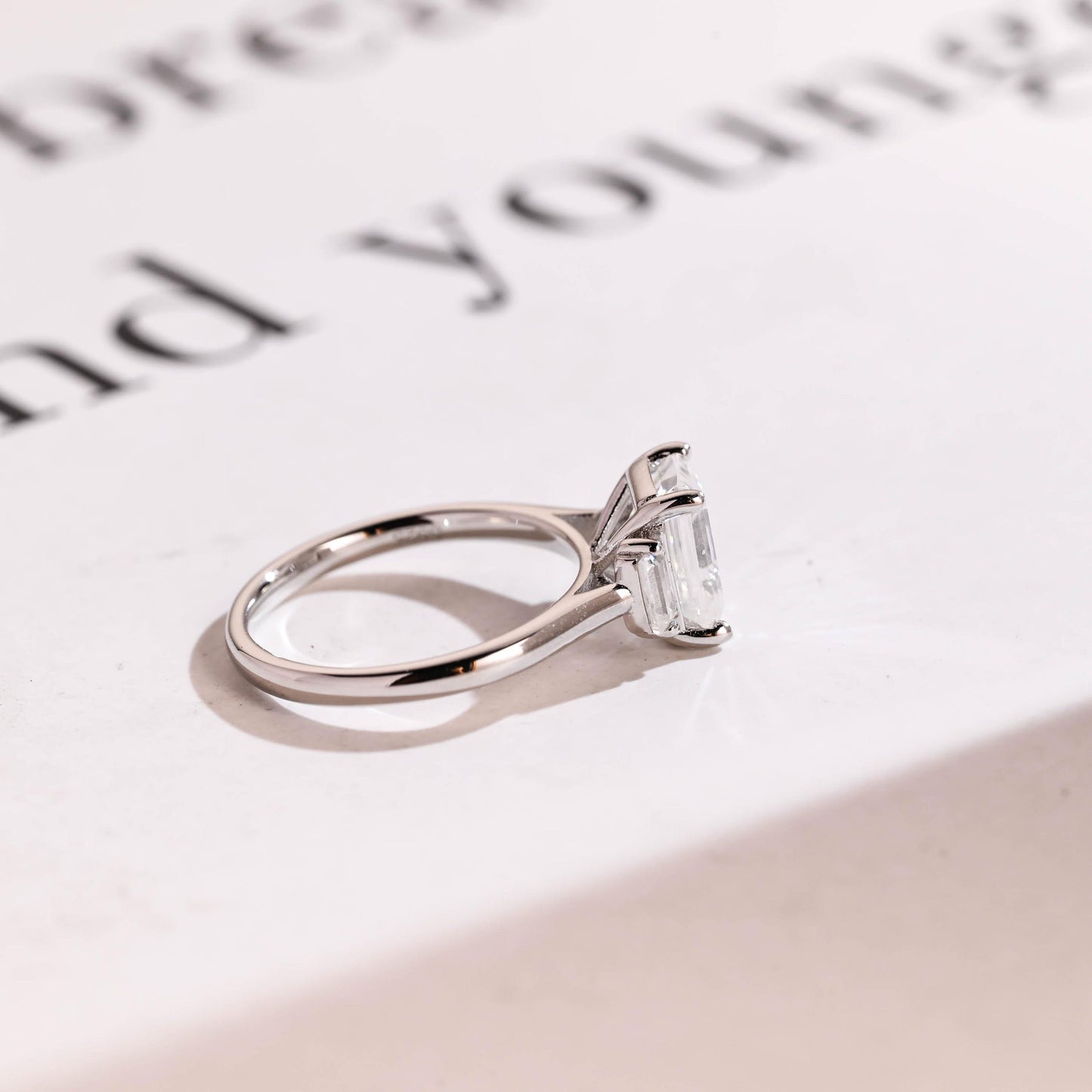 2.0 CT Emerald Cut Three Stone Moissanite Engagement Ring