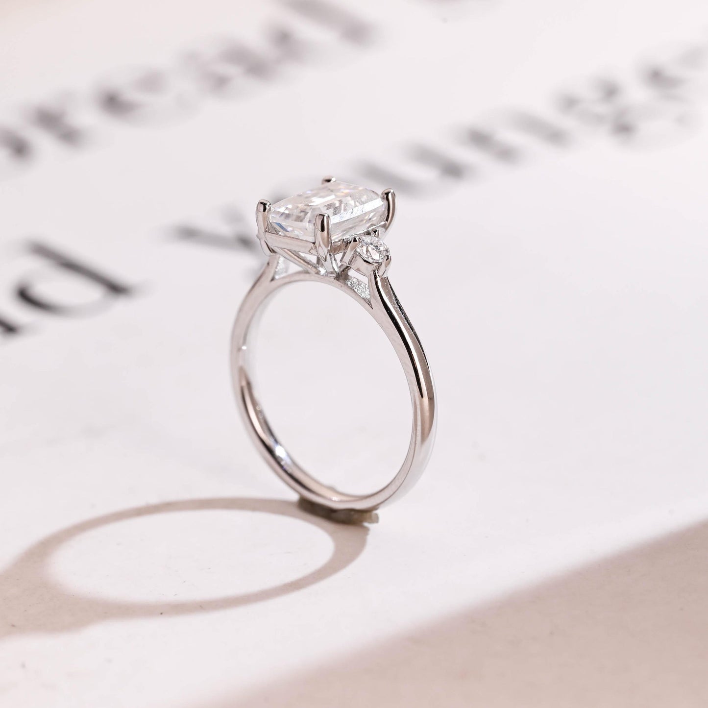 2.0 CT Emerald Cut Three Stone Moissanite Engagement Ring