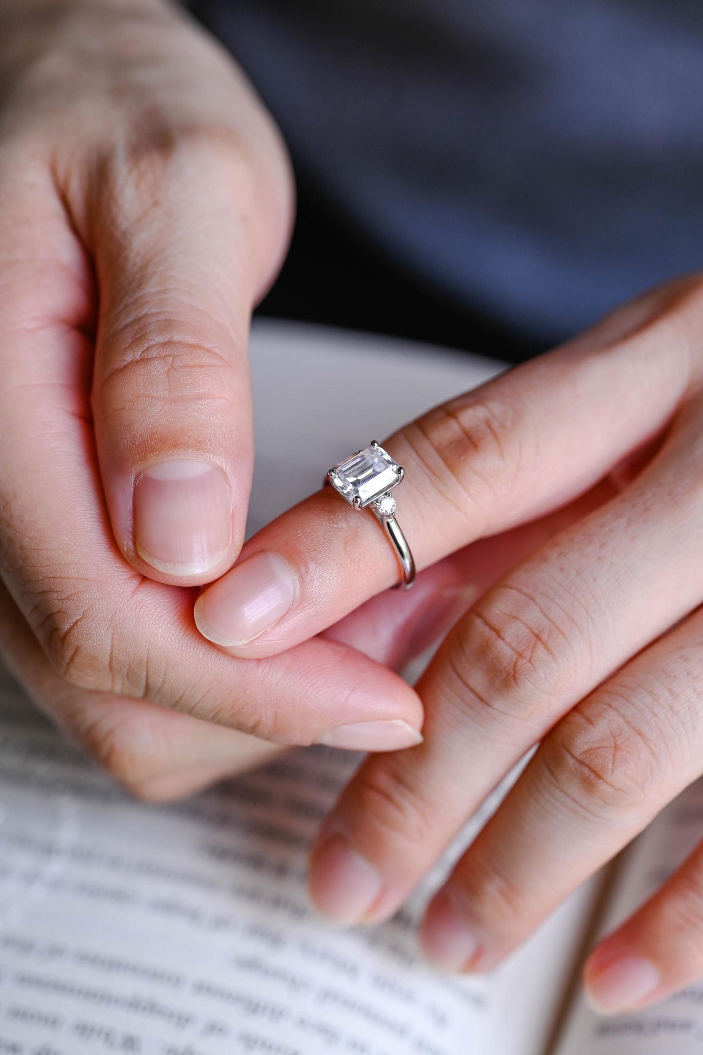 2.0 CT Emerald Cut Three Stone Moissanite Engagement Ring