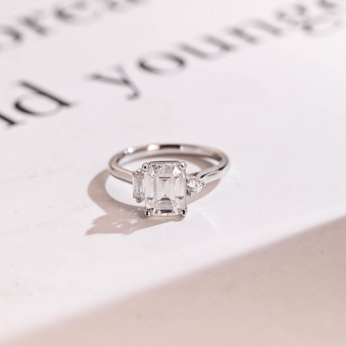 2.0 CT Emerald Cut Three Stone Moissanite Engagement Ring