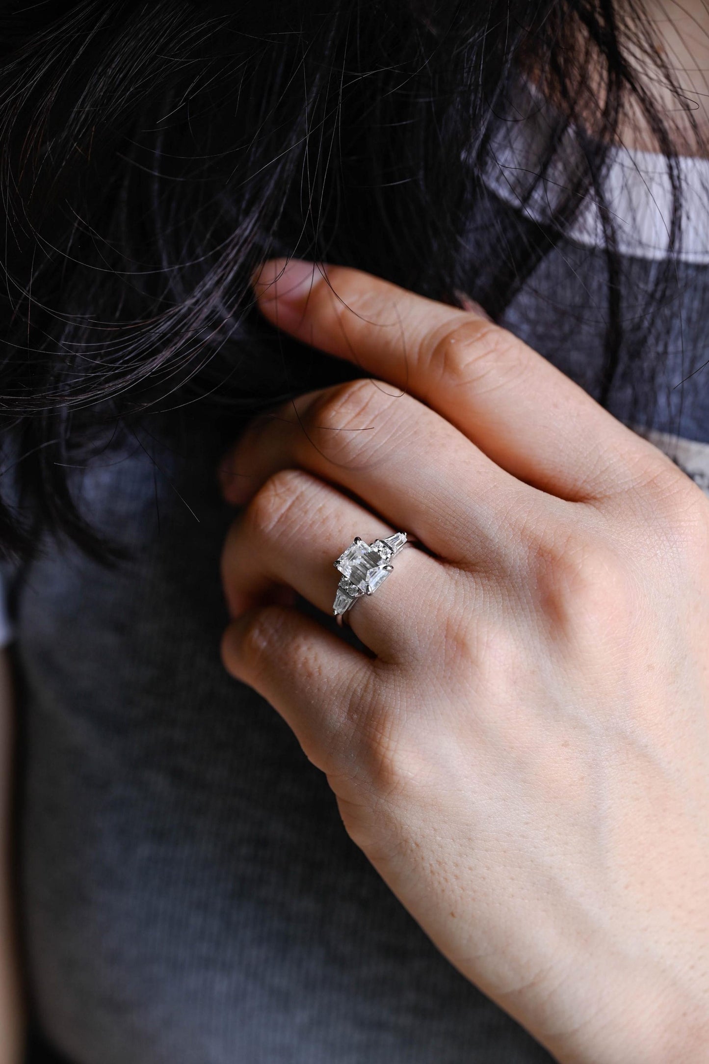 2.0 CT Emerald Cut Three Stone Moissanite Engagement Ring
