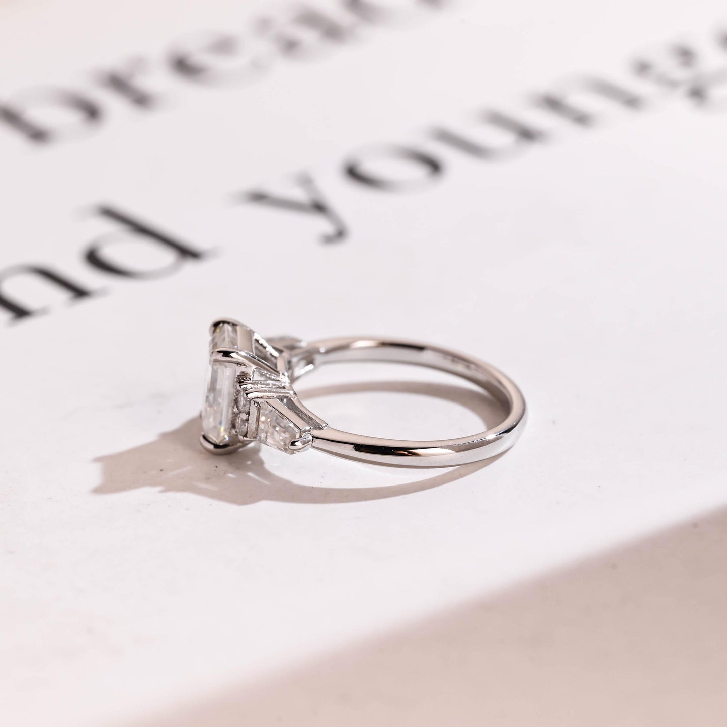 2.0 CT Emerald Cut Three Stone Moissanite Engagement Ring